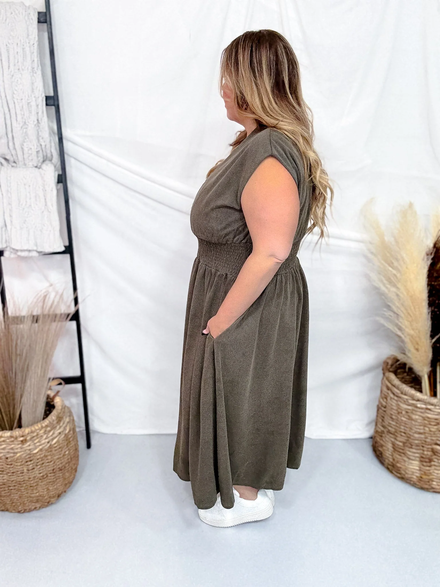 Olive Green Smocked Waist Twill Suede Shirt Dress FINAL SALE - Image 4