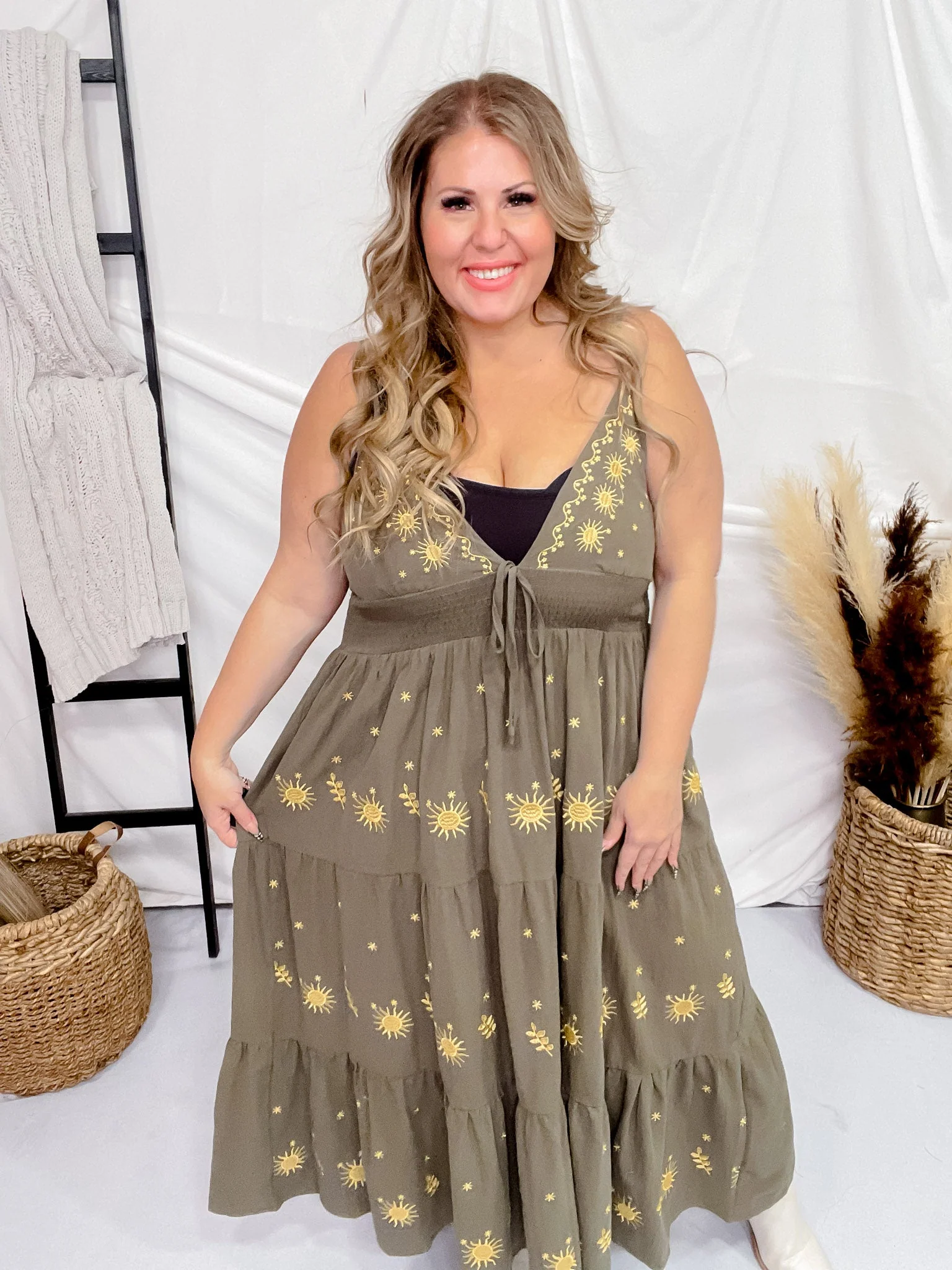 Olive Green Tiered Maxi Dress with Gold Sun Pattern