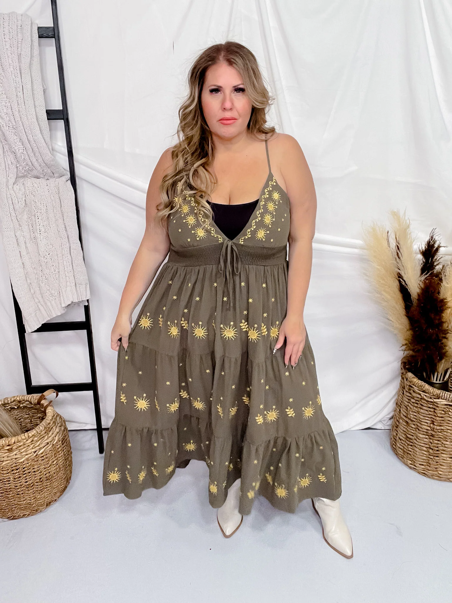 Olive Green Tiered Maxi Dress with Gold Sun Pattern - Image 2