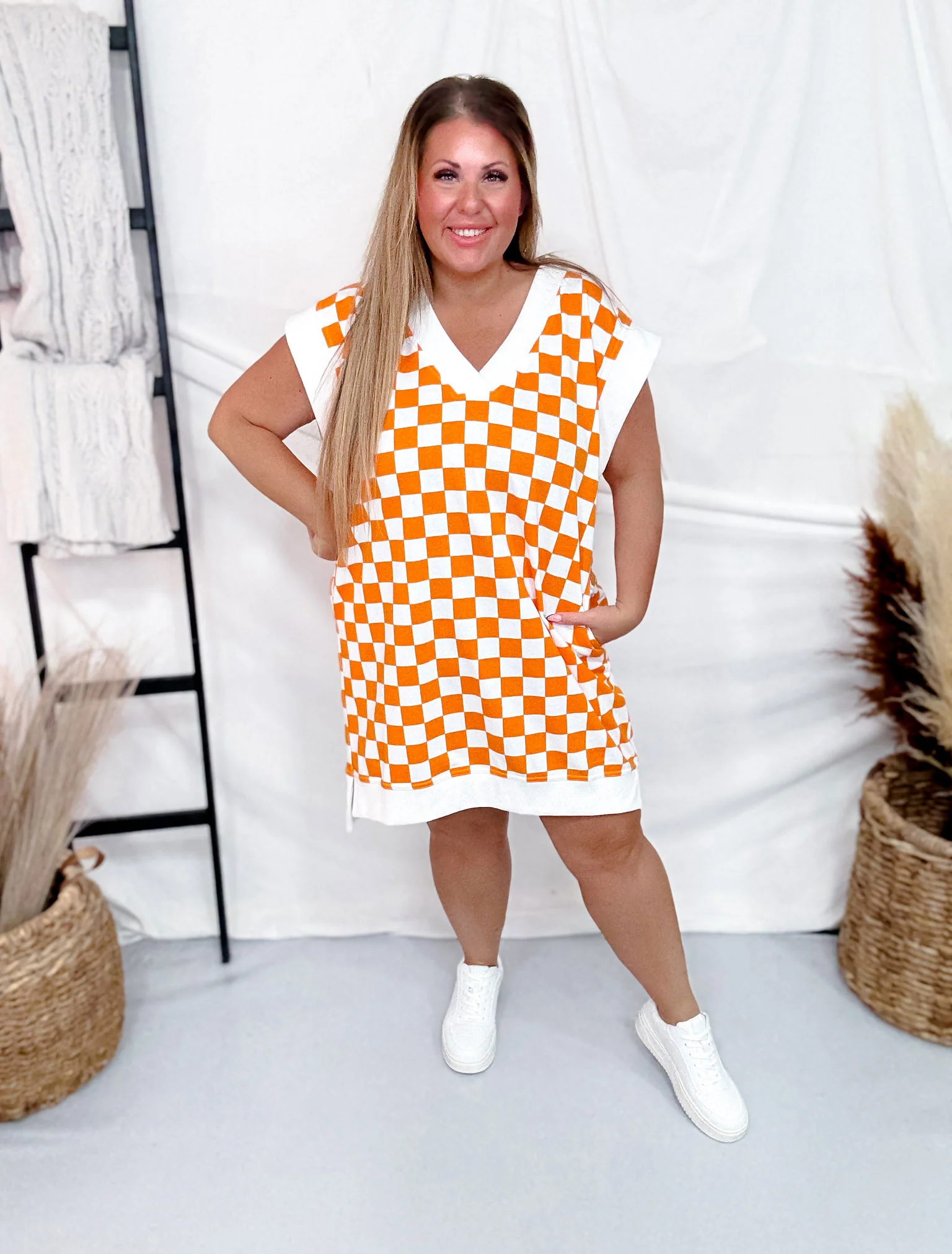 Orange & White Checkered Hi-Lo V-Neck Dress With Side Slit FINAL SALE - Image 2