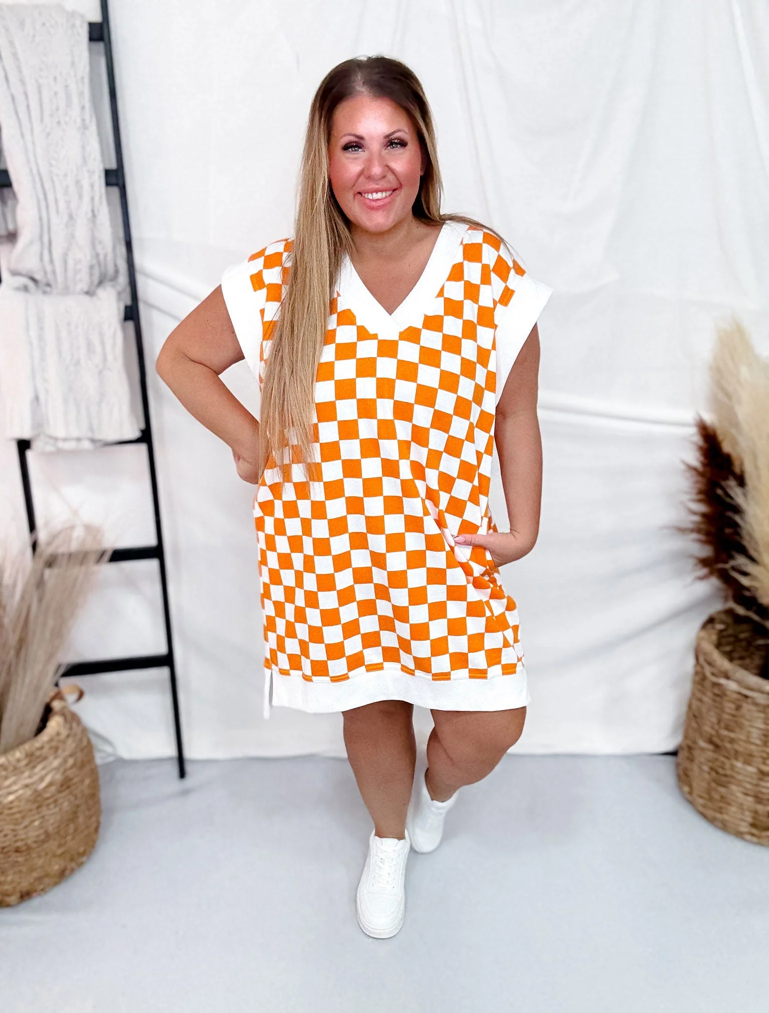 Orange & White Checkered Hi-Lo V-Neck Dress With Side Slit FINAL SALE - Image 3