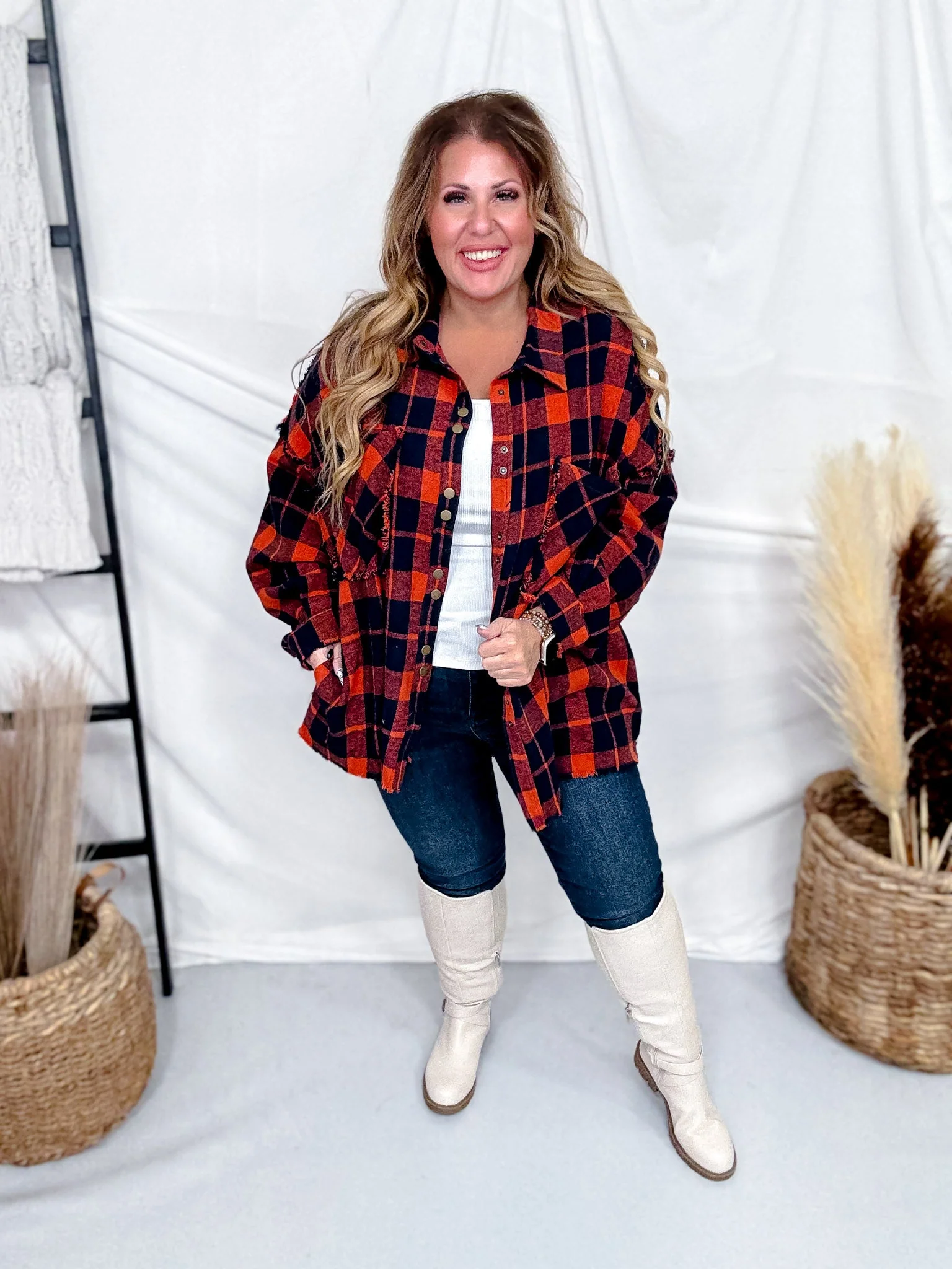Orange & Navy Back Fringe Plaid Button Down Shirt - Image 6