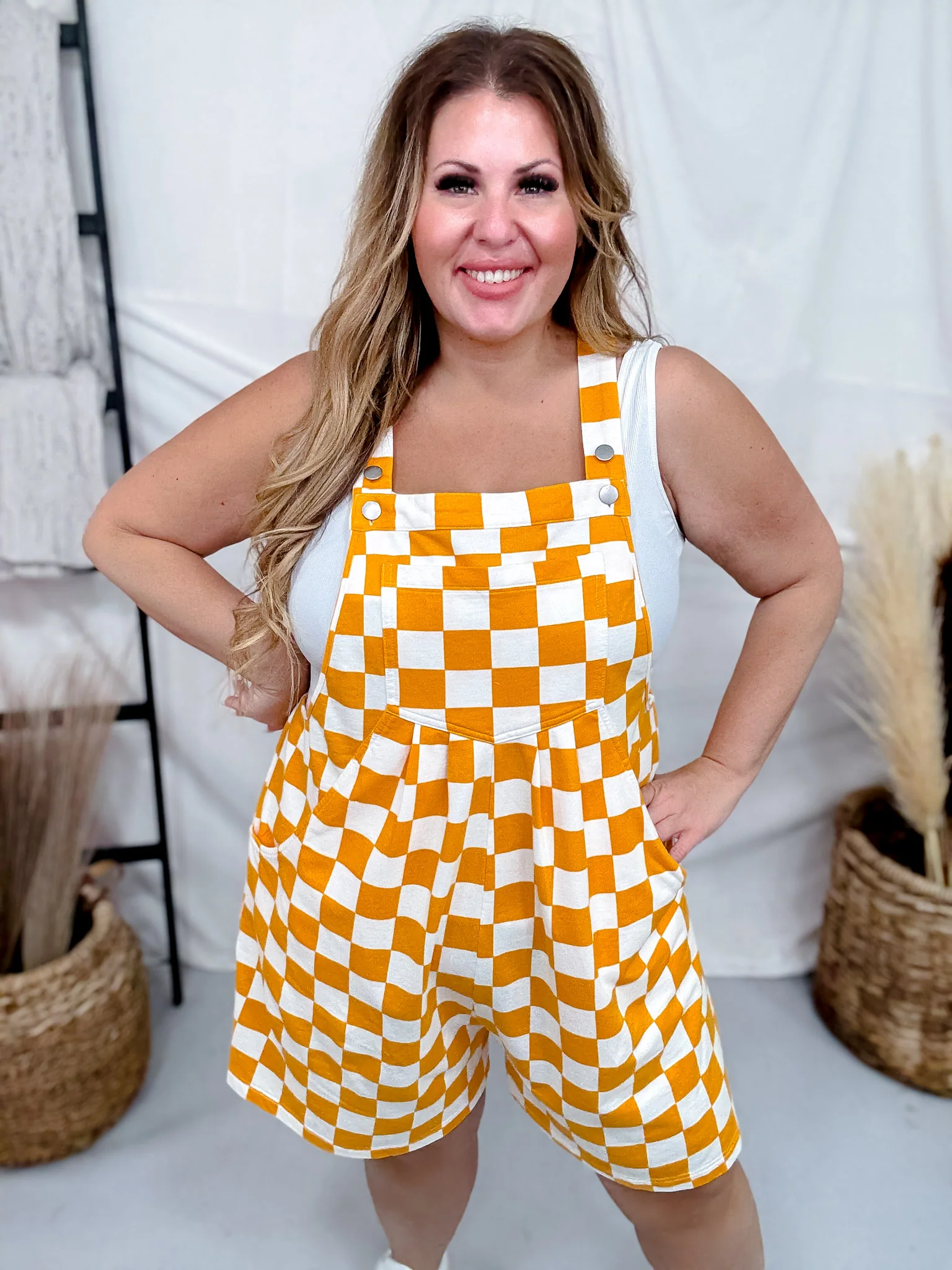 Orange & White Checkerboard Overall Style Romper - Image 6