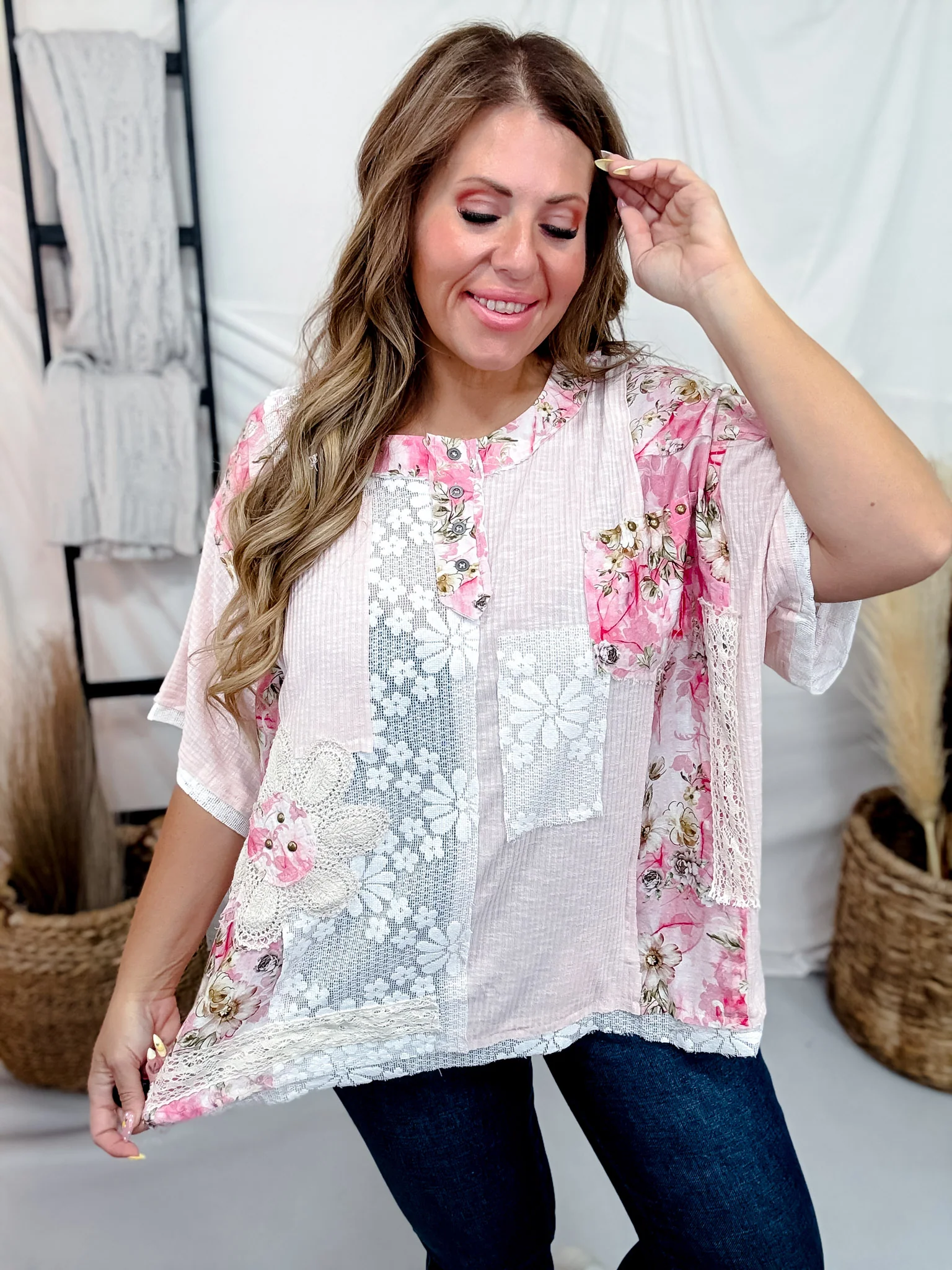 Patchwork Lace & Floral Short Sleeve Top - Image 9