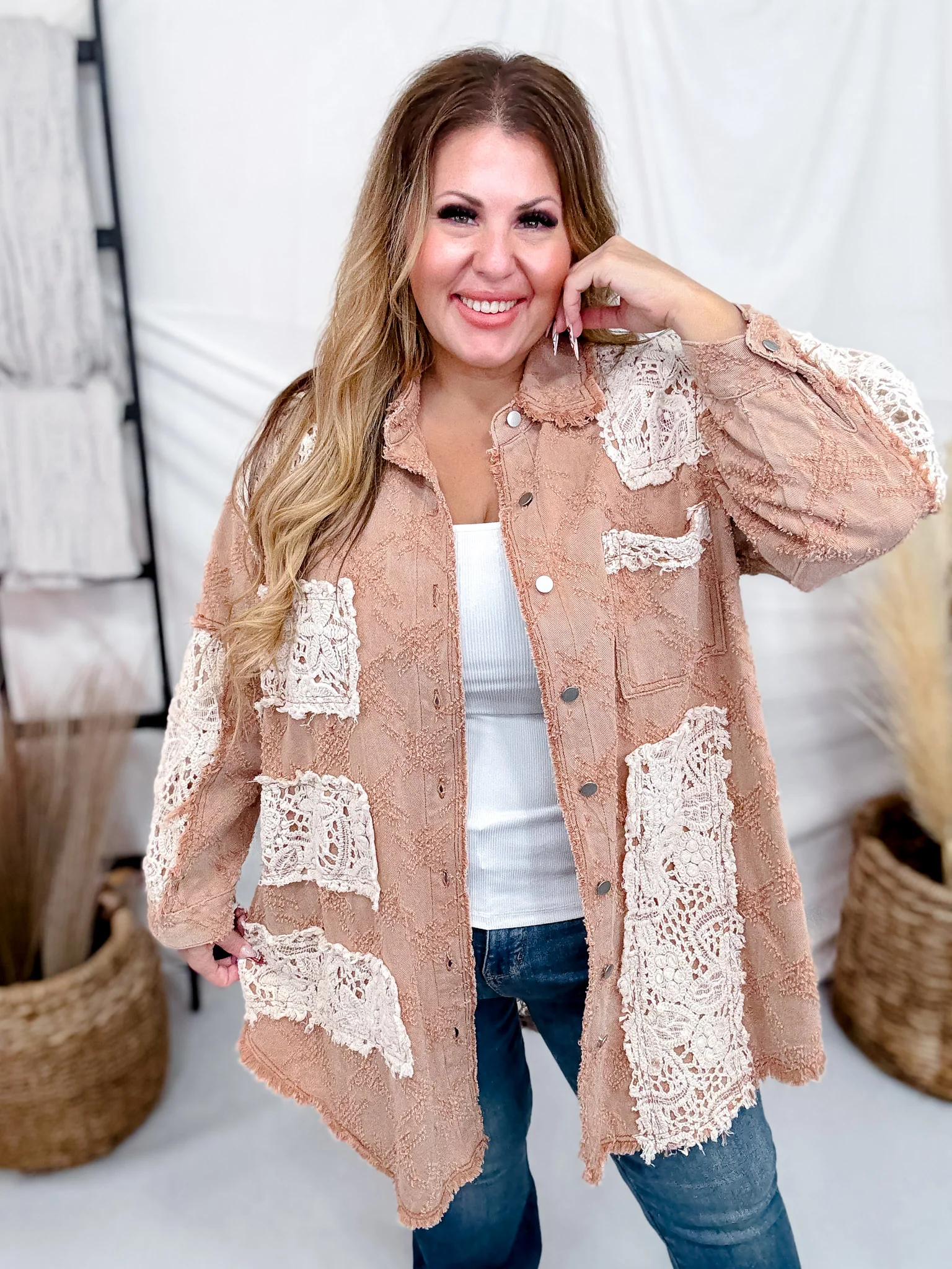 Peach Jam Long Sleeve Shacket W/ Crochet Detail FINAL SALE - Image 7