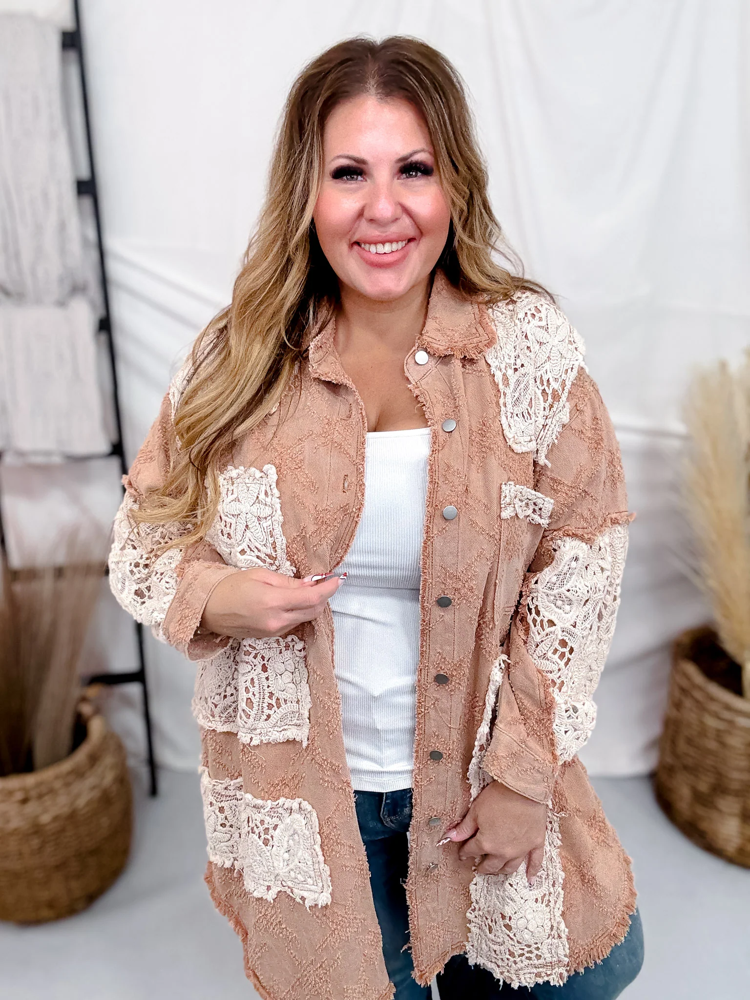 Peach Jam Long Sleeve Shacket W/ Crochet Detail FINAL SALE - Image 9