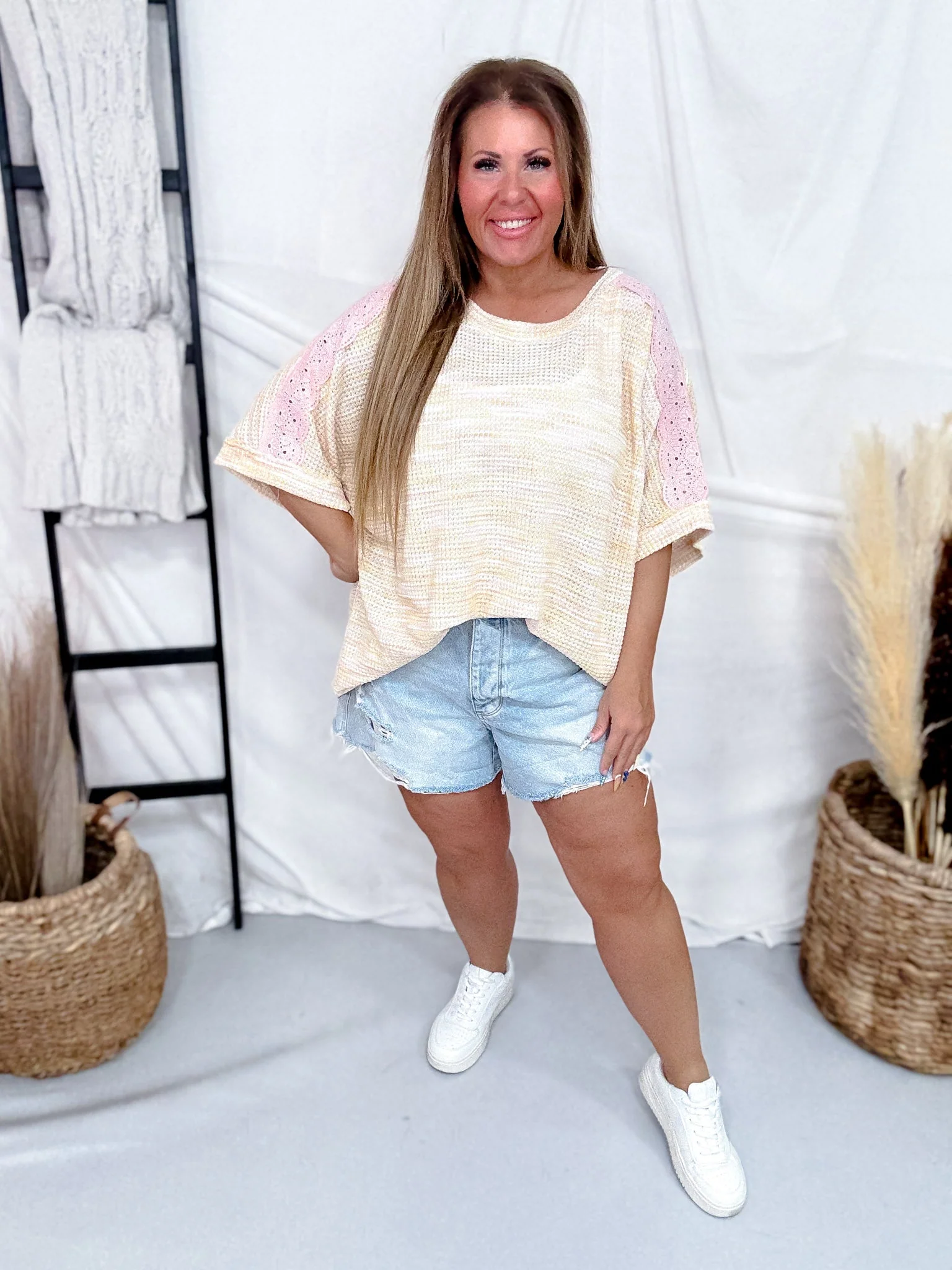 Peach & Yellow Half Sleeve Knit Top W/ Pink Eyelet Lace Shoulders FINAL SALE - Image 3