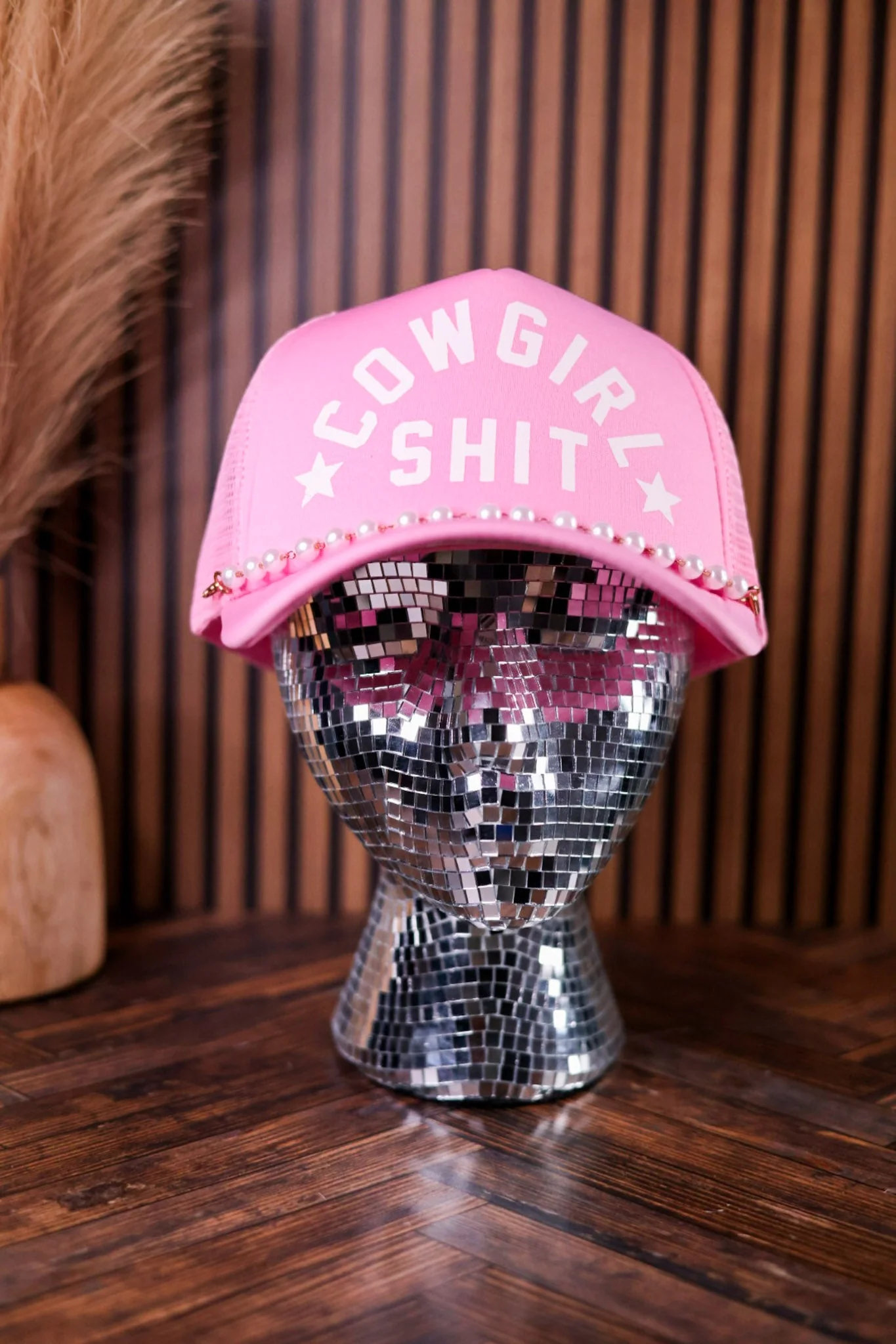Pink "Cowgirl Shit" Trucker Hat With Pearl Hat Chain - Image 2