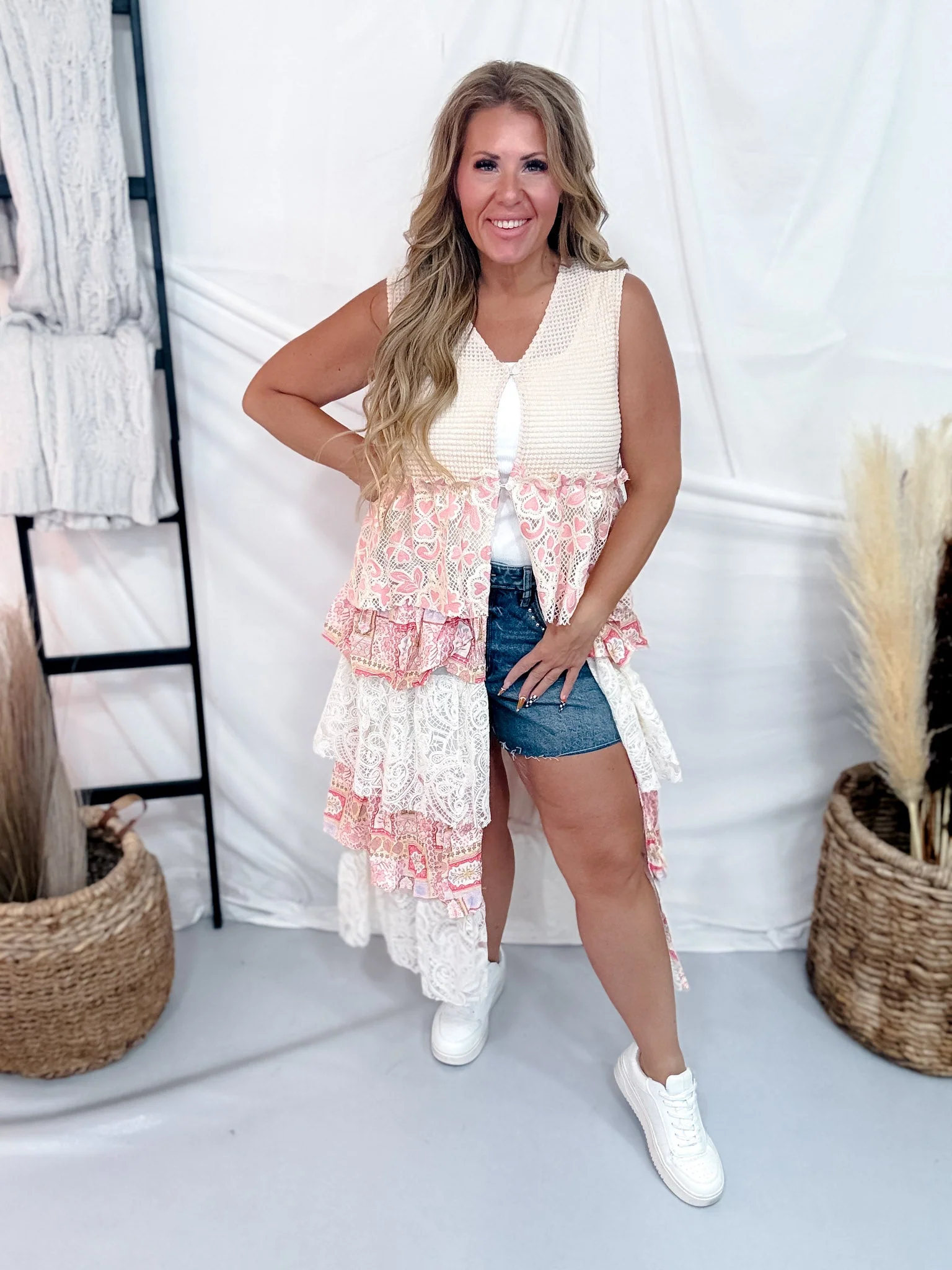 Pink & Cream Waffle Knit Lace Tiered Vest Duster Jacket - Image 2