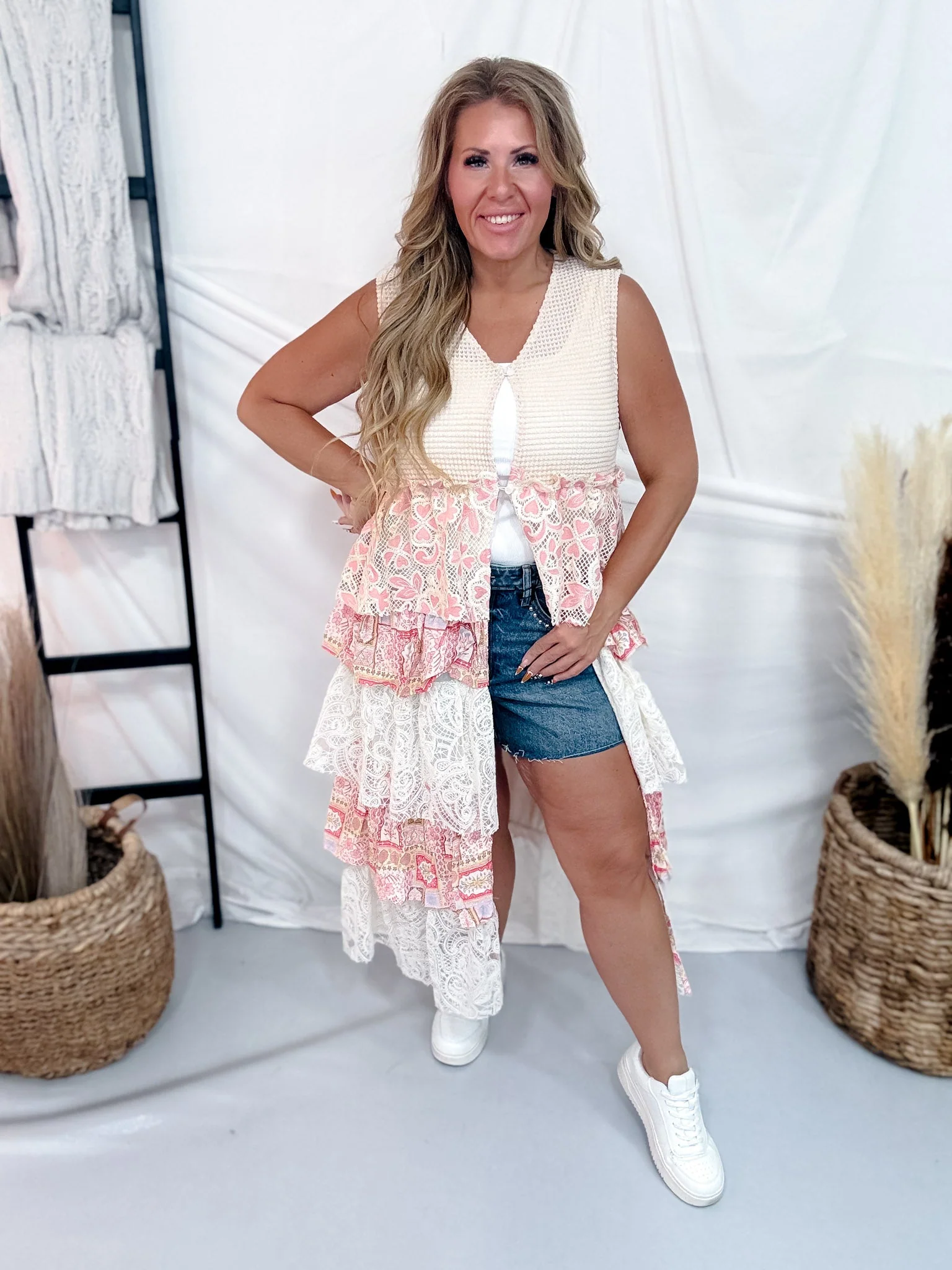 Pink & Cream Waffle Knit Lace Tiered Vest Duster Jacket - Image 5