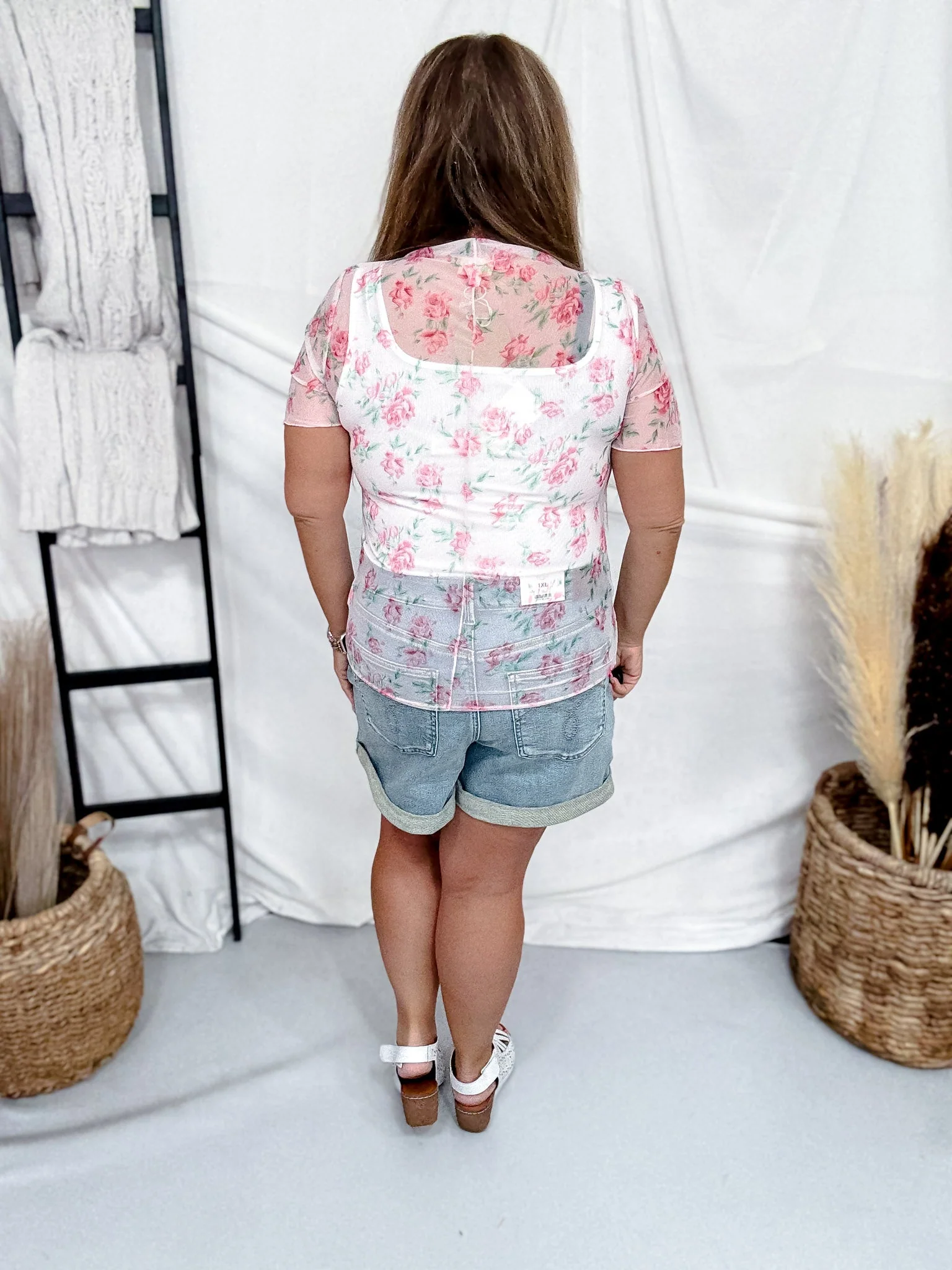 Pink Floral High Neckline Mesh Top With Short Sleeves - Image 8