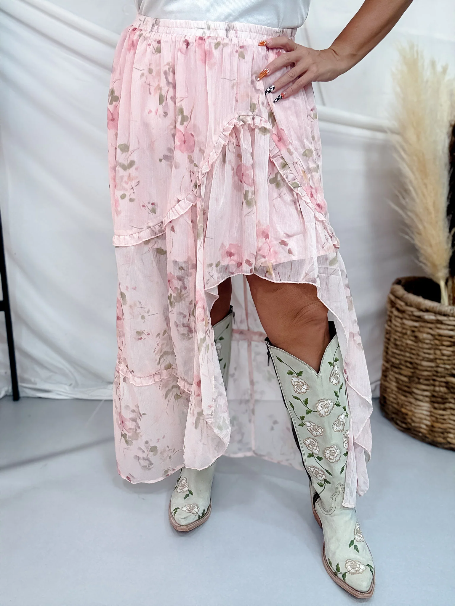 Pink Floral Print Ruffle Detail Midi Skirt