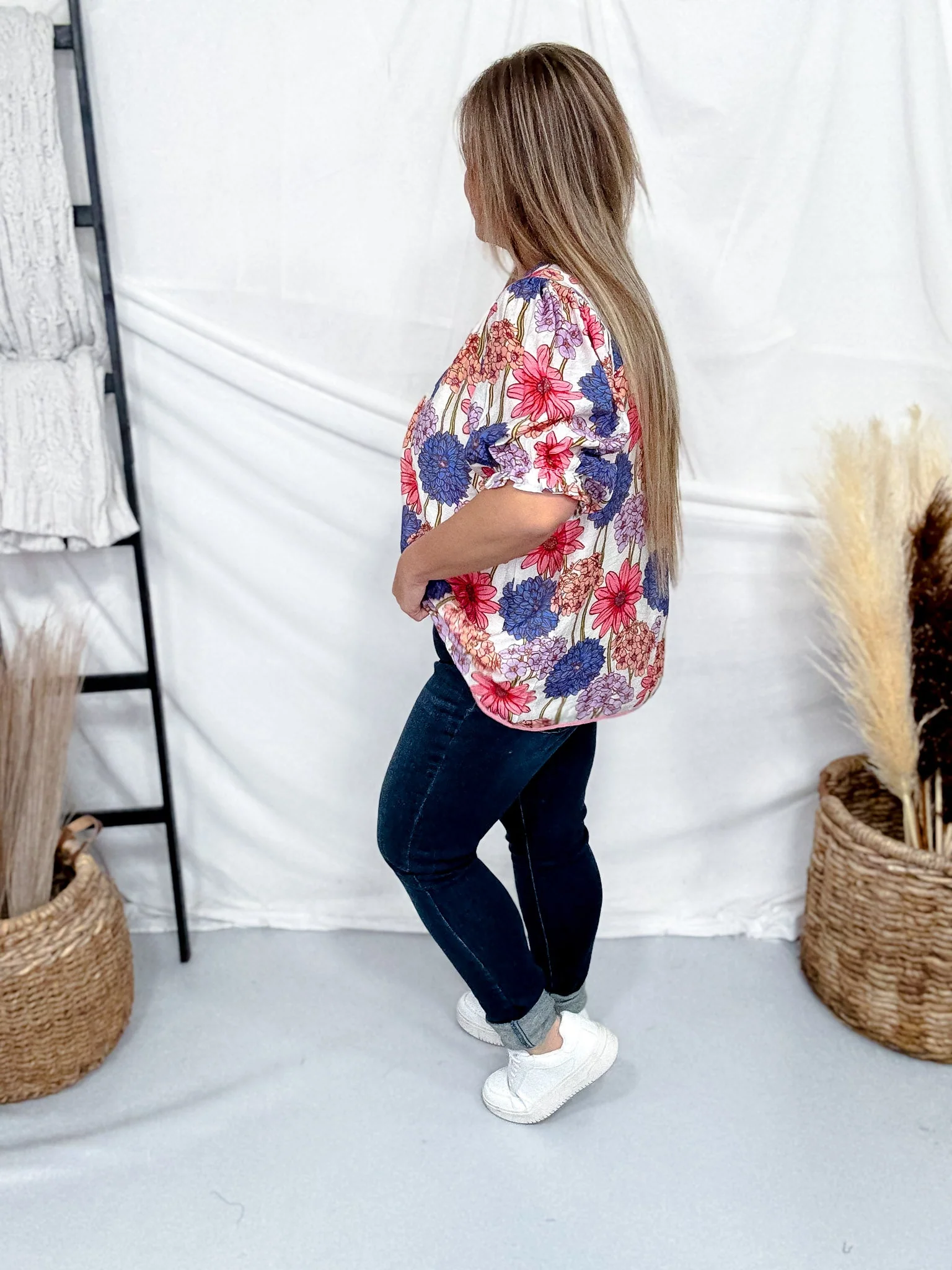 Pink & Purple Floral Print Split V-Neck Top With Puff Sleeves FINAL SALE - Image 5