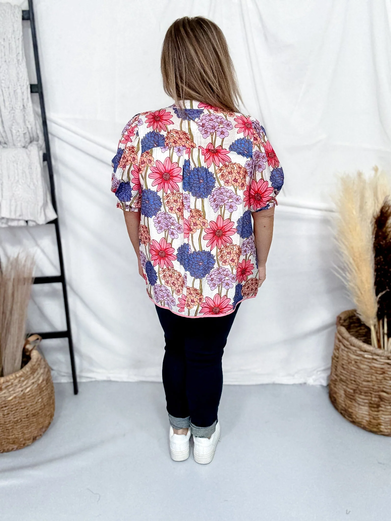 Pink & Purple Floral Print Split V-Neck Top With Puff Sleeves FINAL SALE - Image 6