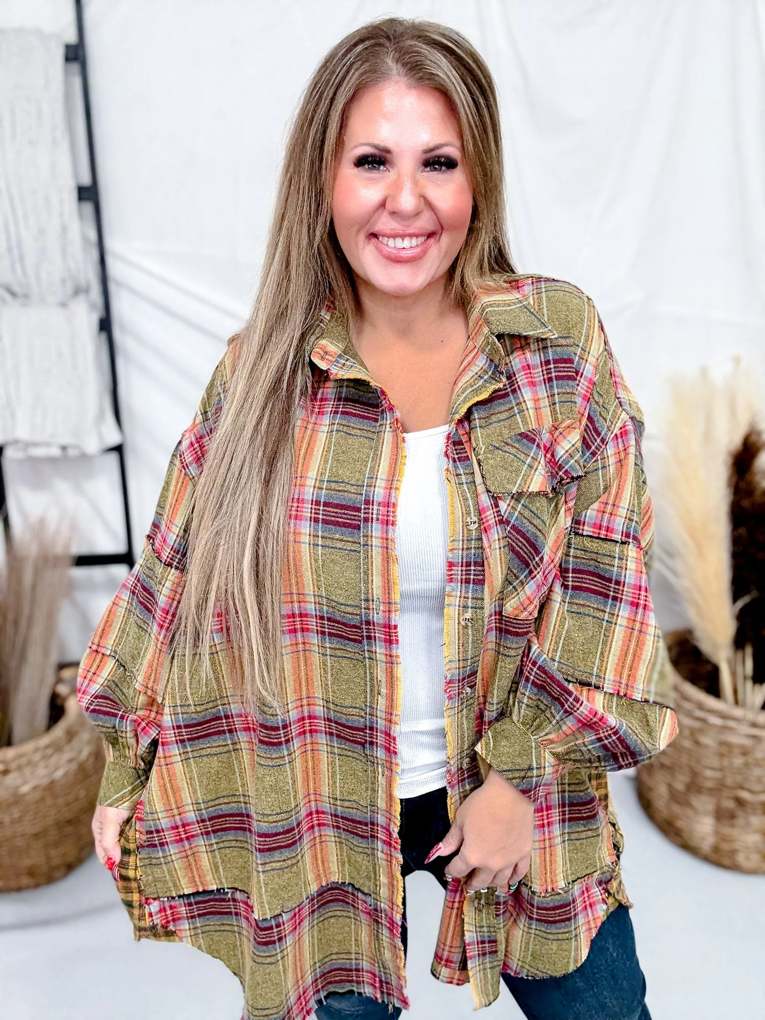Plaid Flannel Button Down Shirt Dress In Golden Kiwi