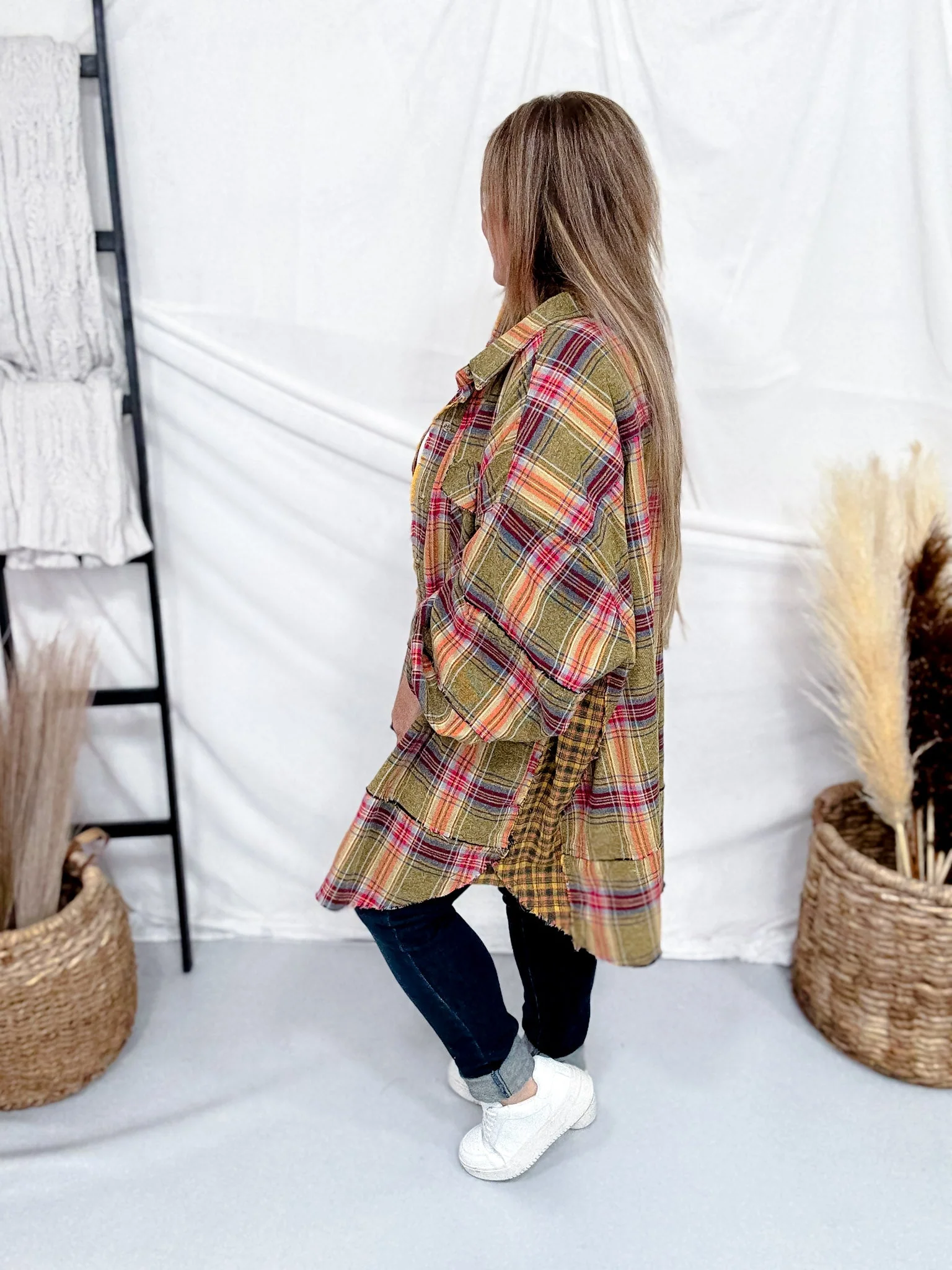 Plaid Flannel Button Down Shirt Dress In Golden Kiwi - Image 2
