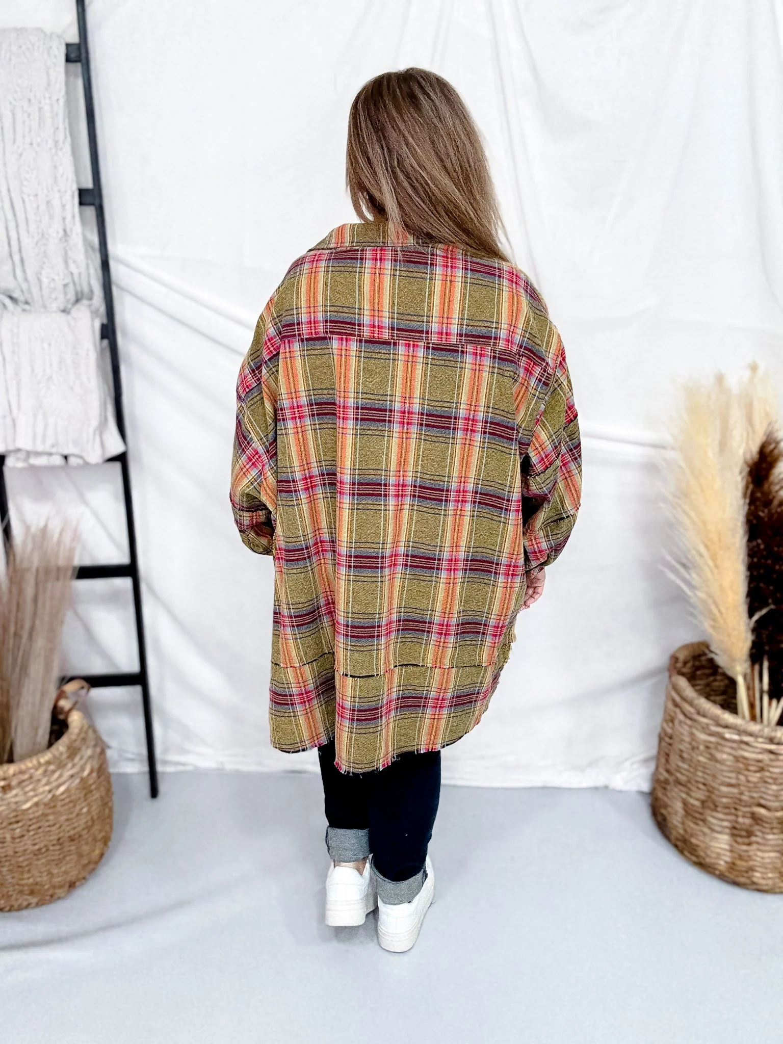 Plaid Flannel Button Down Shirt Dress In Golden Kiwi - Image 6