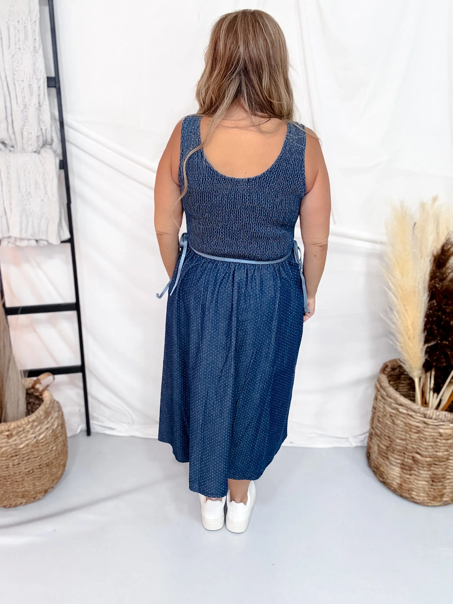 Polka Dot Denim Midi Dress With Smocked Bodice - Image 5