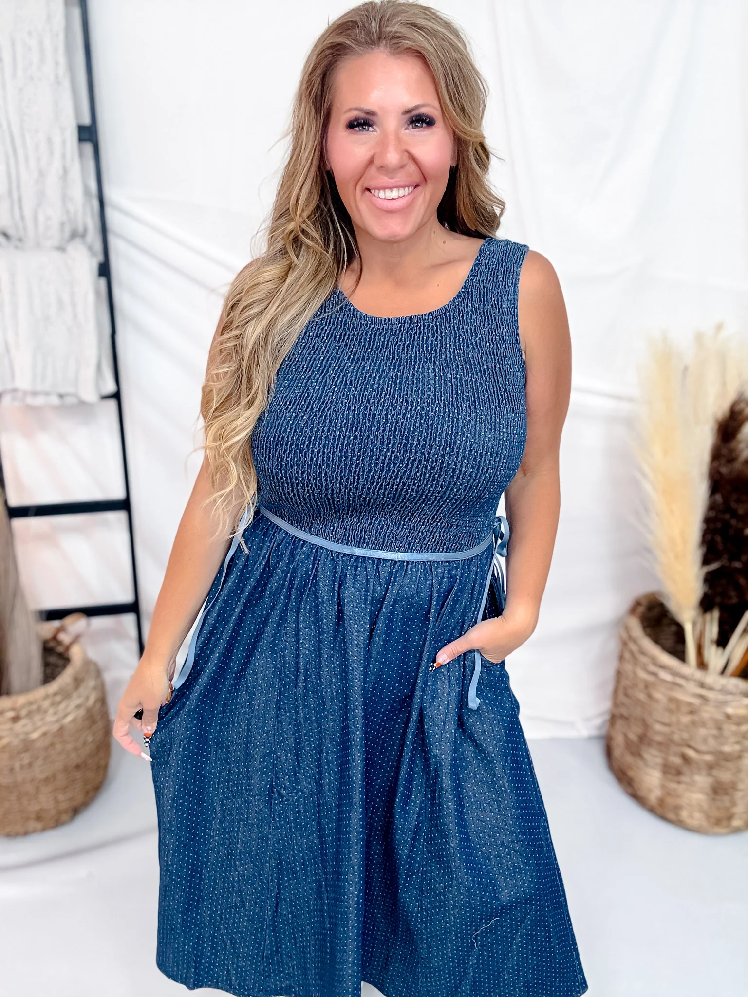 Polka Dot Denim Midi Dress With Smocked Bodice - Image 6