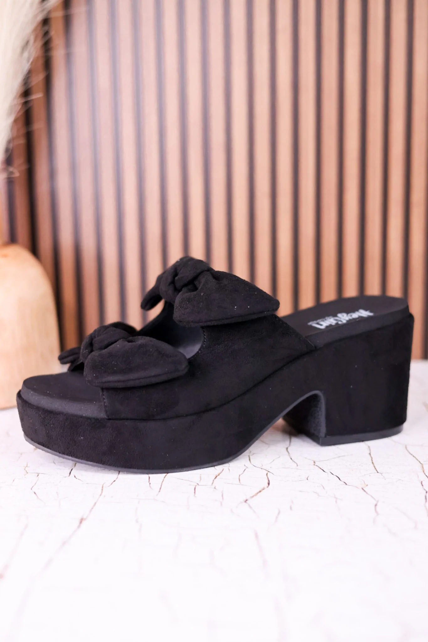 Put A Bow On It Black Faux Suede Platform Heels FINAL SALE - Image 3