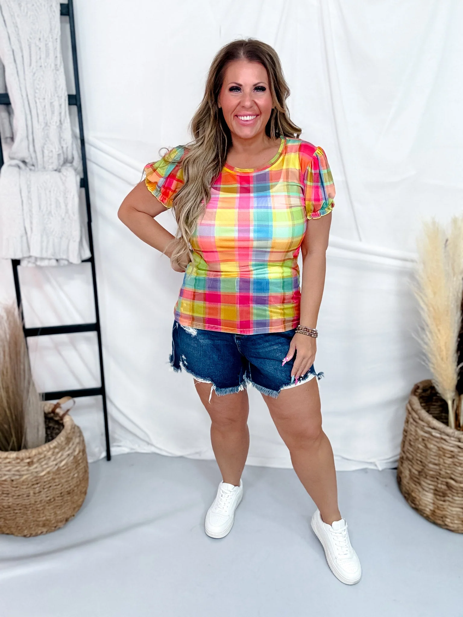 Rainbow Plaid Mesh Top With Short Puff Sleeves FINAL SALE - Image 2