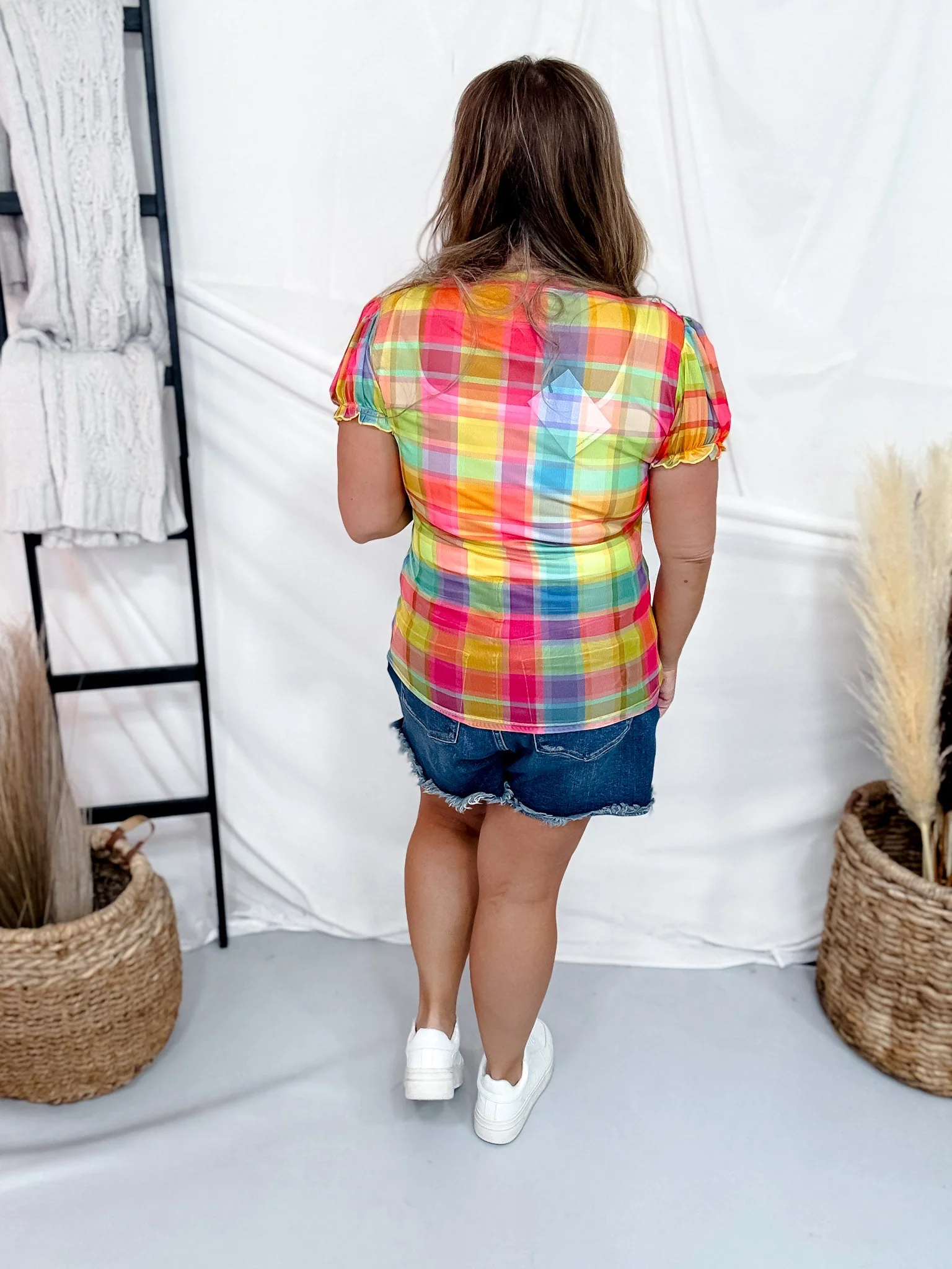 Rainbow Plaid Mesh Top With Short Puff Sleeves FINAL SALE - Image 6