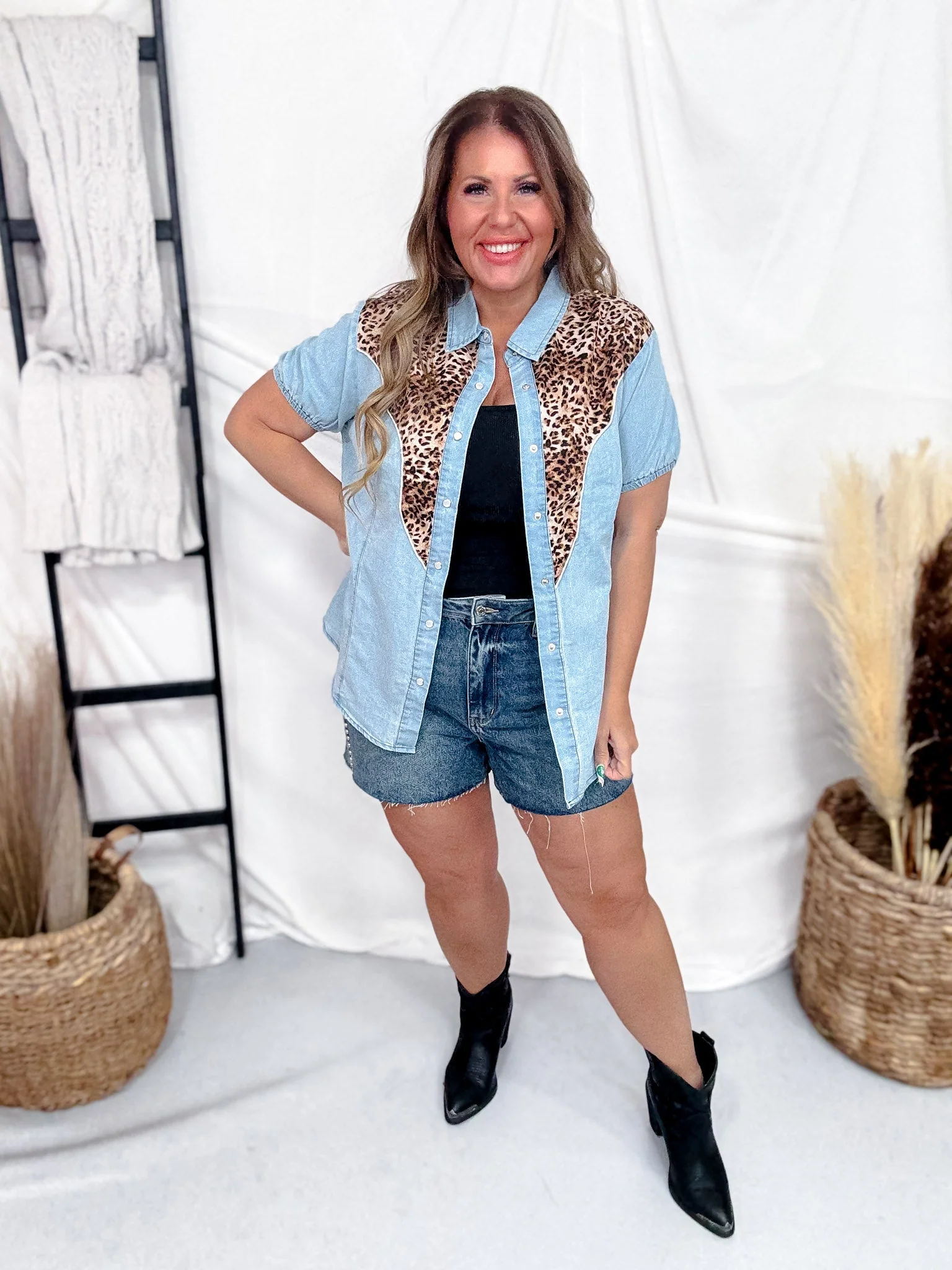 "Ranch Kitty" Short Sleeve Denim & Leopard Top FINAL SALE - Image 5
