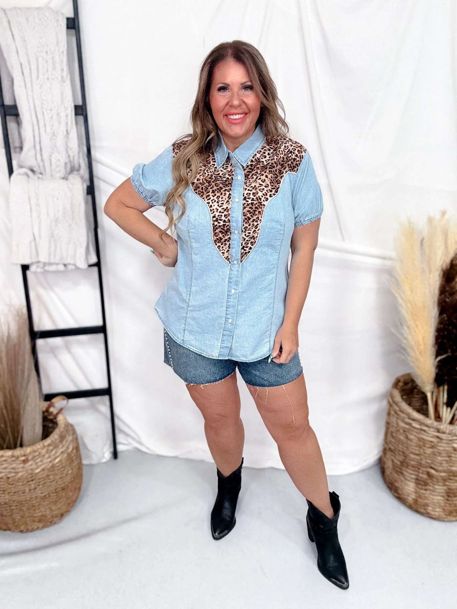 "Ranch Kitty" Short Sleeve Denim & Leopard Top FINAL SALE - Image 9
