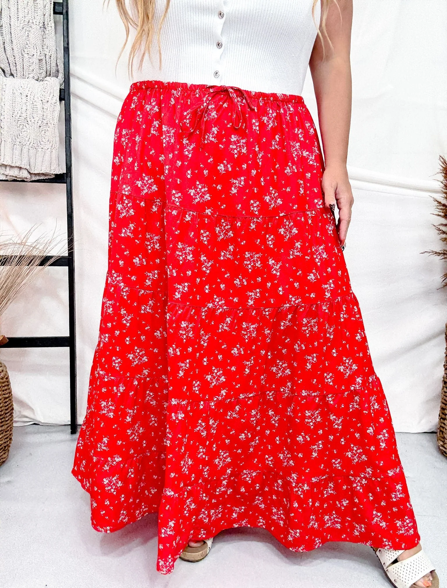 Red Floral Tiered Maxi Skirt