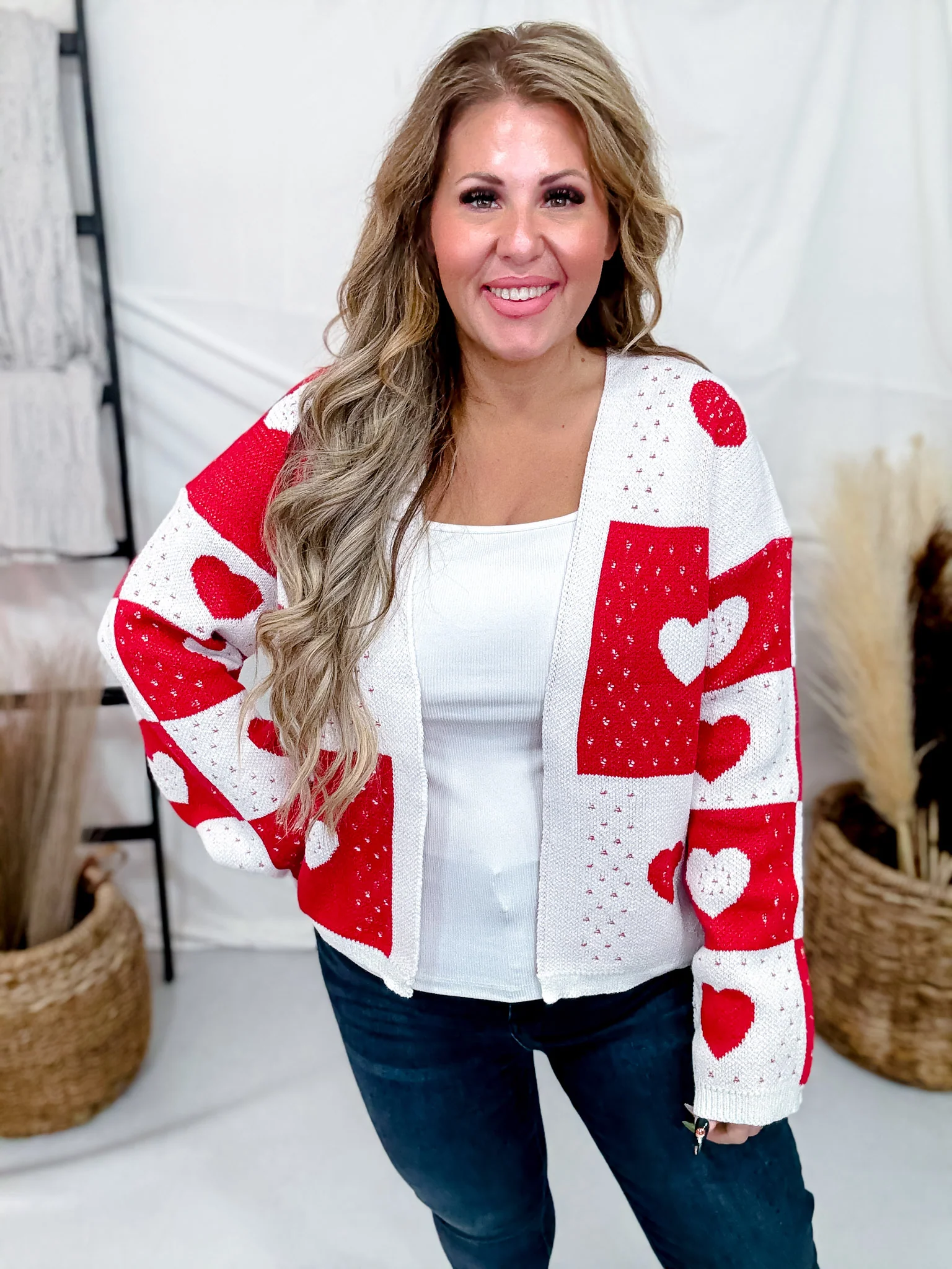 Red & White Checkerboard Heart Sweater Cardigan FINAL SALE