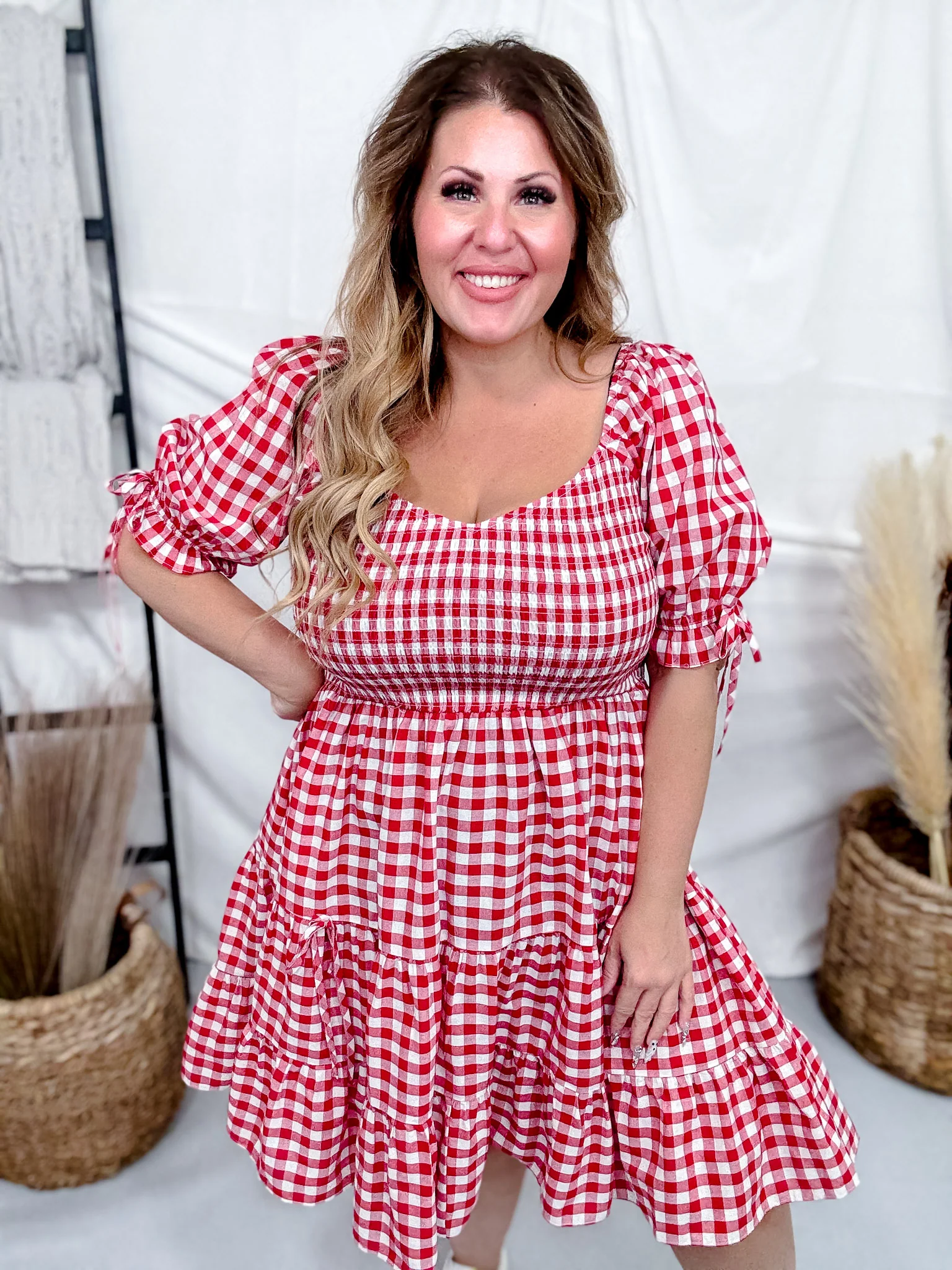Red & White Gingham Puff Sleeve Midi Dress FINAL SALE