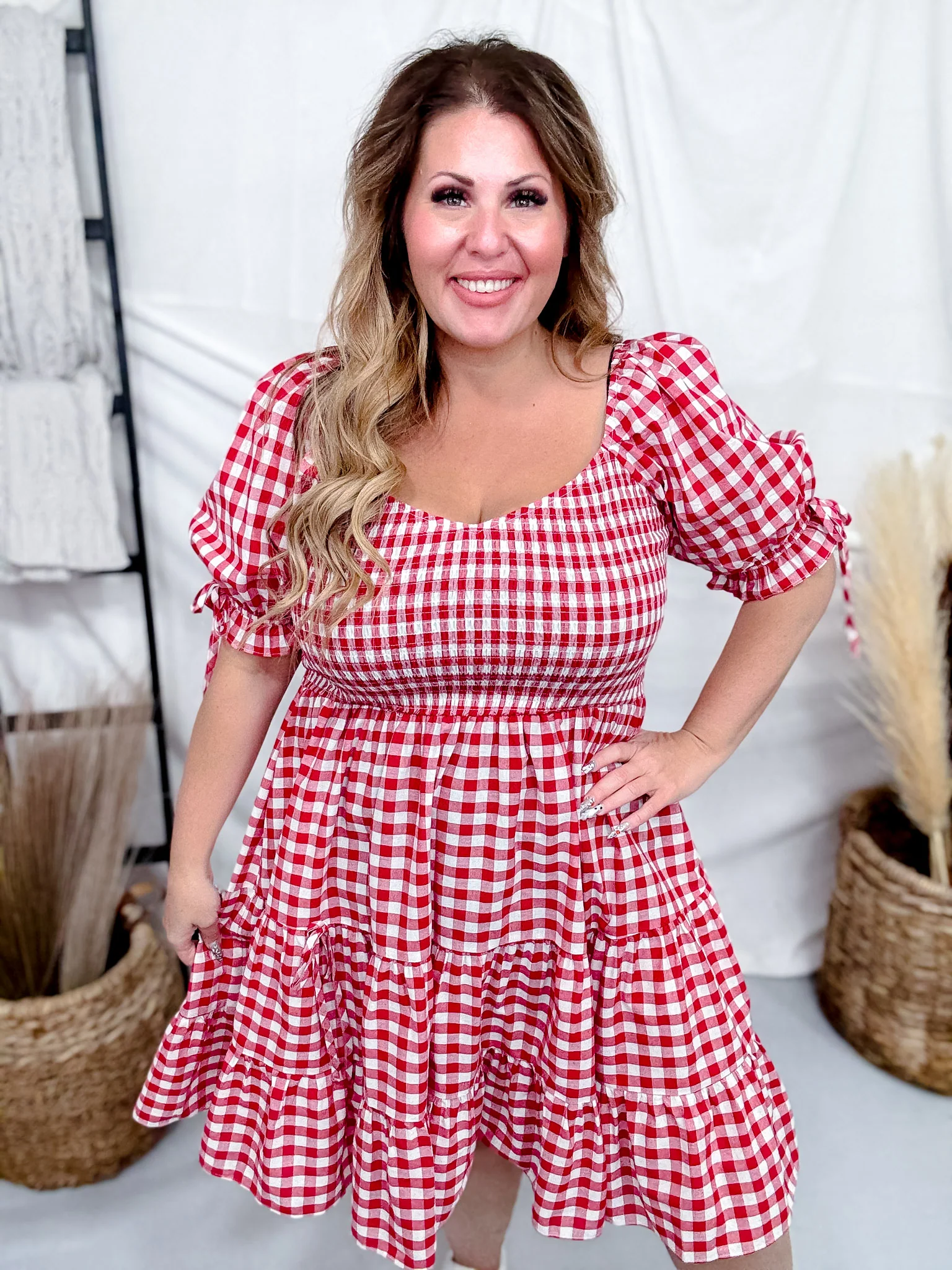 Red & White Gingham Puff Sleeve Midi Dress FINAL SALE - Image 3