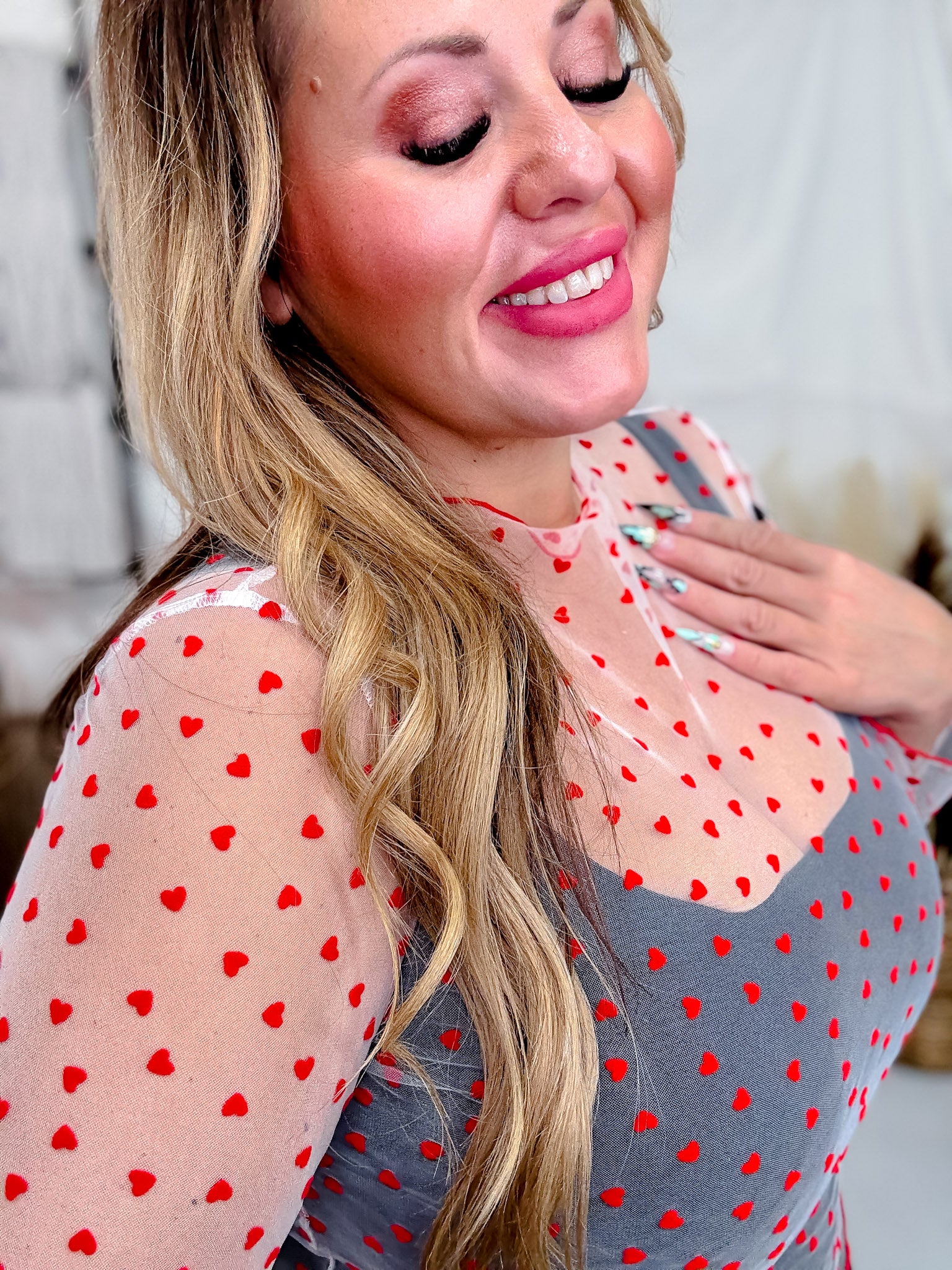 Red & White Mesh Heart Long Sleeve Layering Top FINAL SALE - Image 2