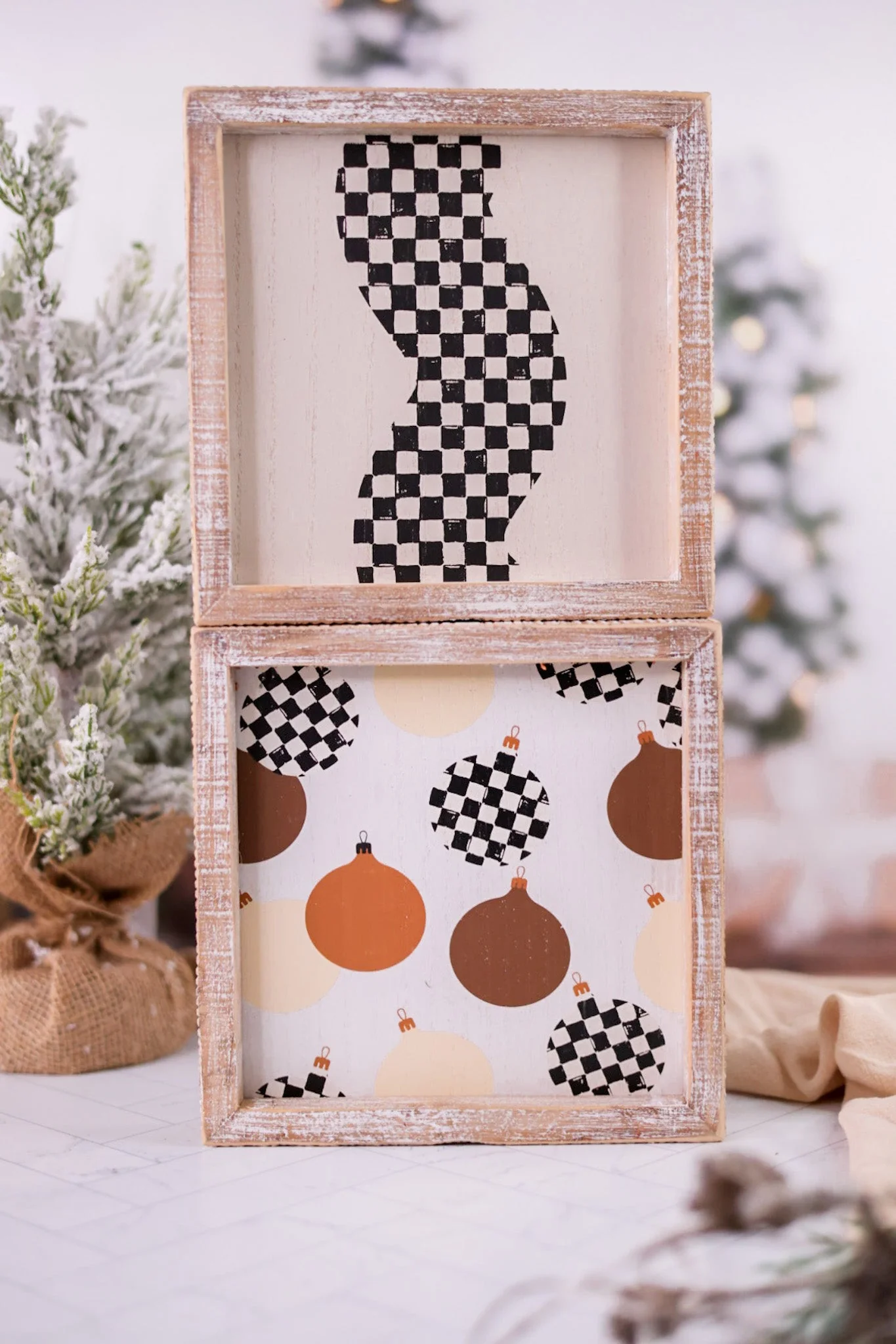 Reversible Checkered Ornaments Wood-Framed Sign FINAL SALE
