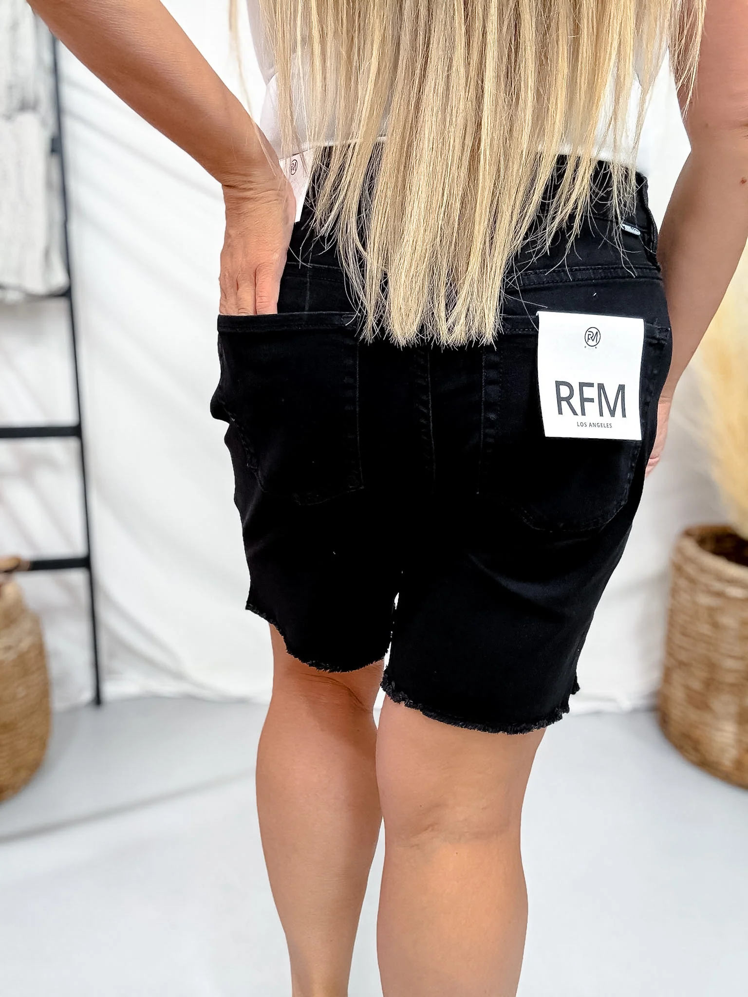 RFM Black High Waist Frayed Hem Bermuda Shorts - Image 4