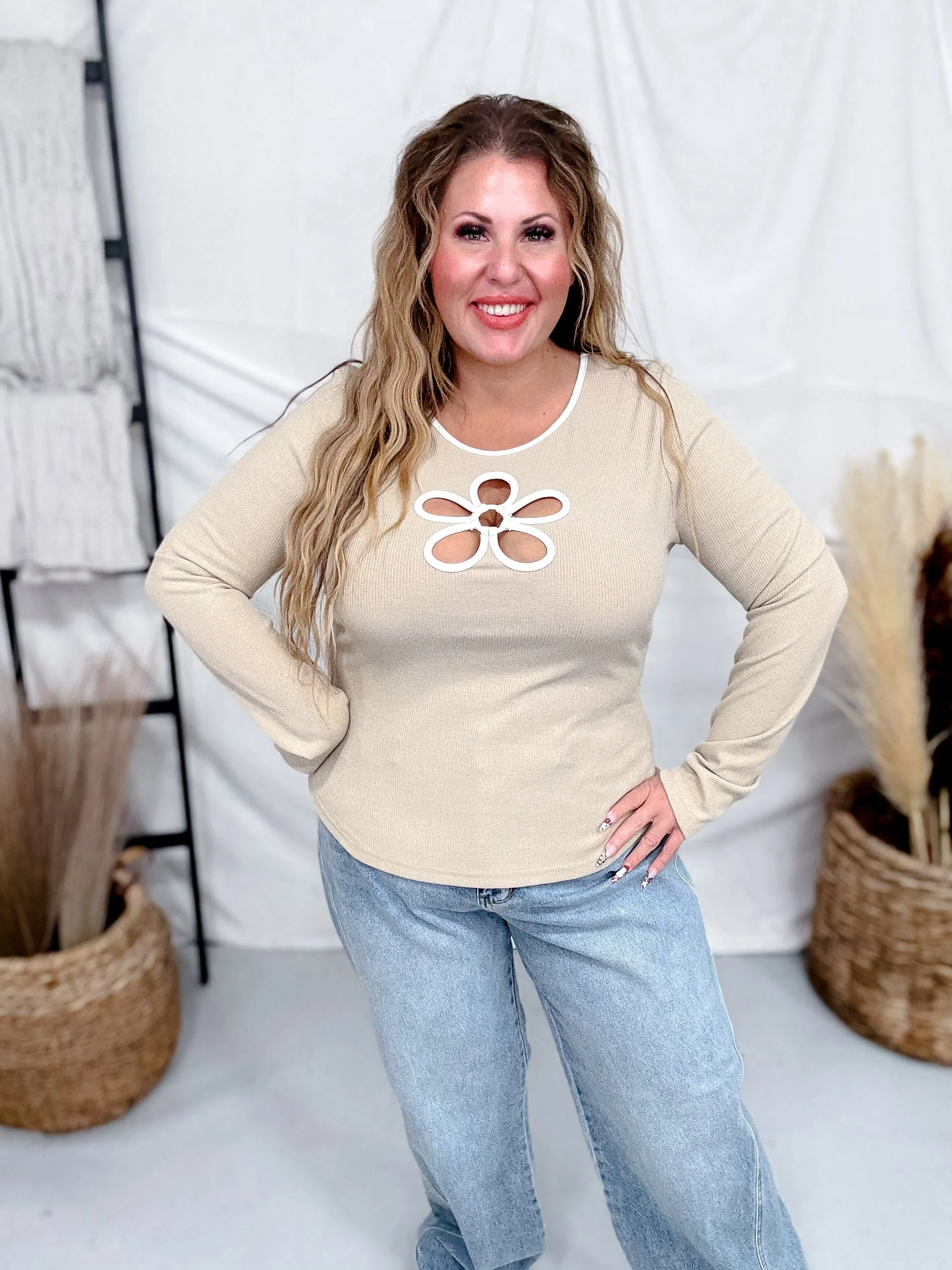 Ribbed Jersey Top With Flower Cutout In Sand FINAL SALE - Image 5