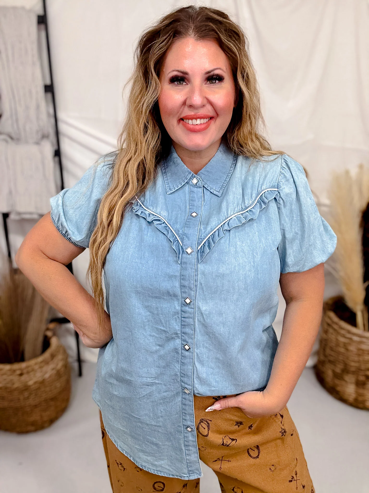 Rowdy Ruffles Collared Denim Top - Image 10
