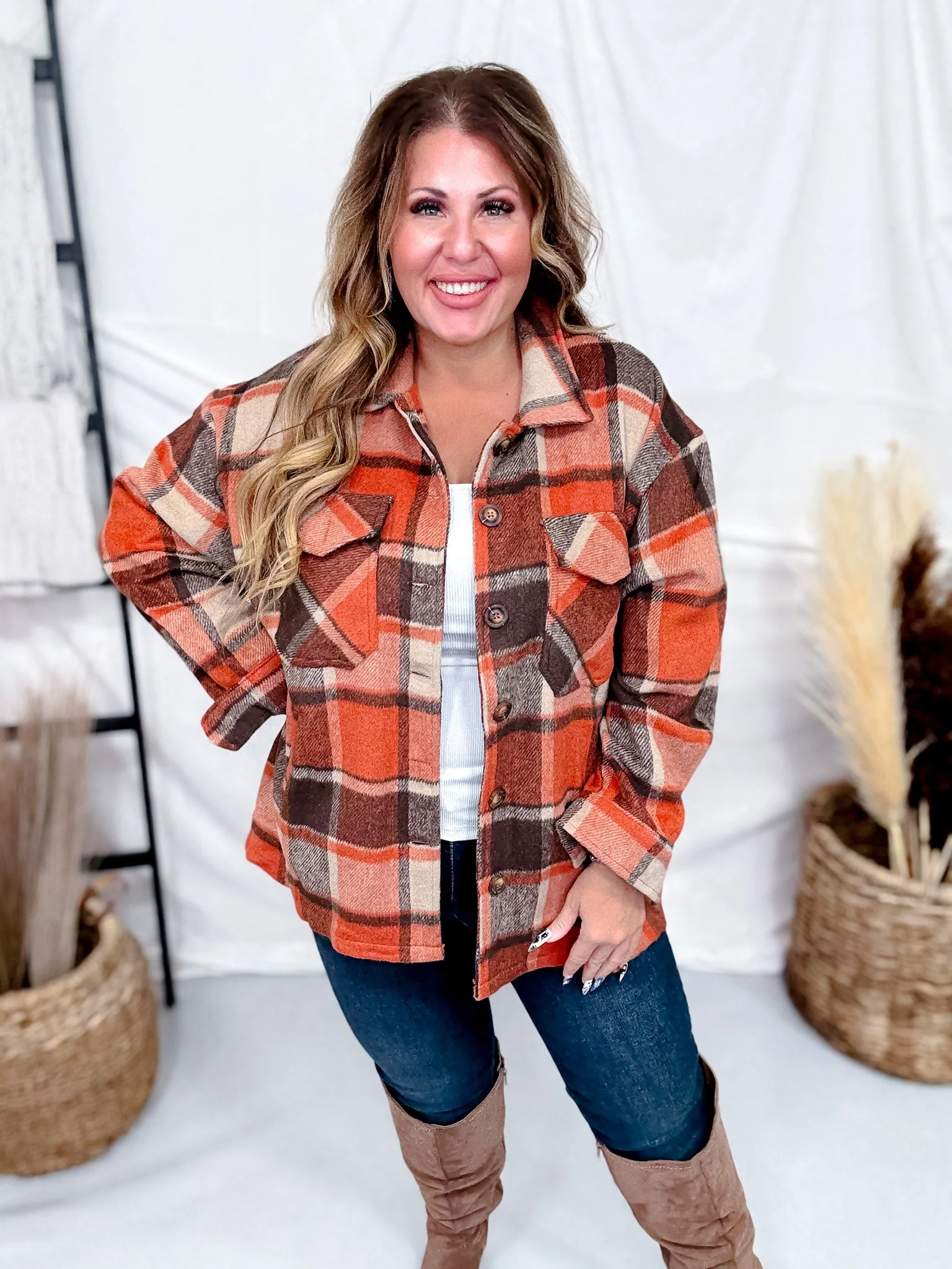 Rust Cozy Plaid Button Down Flannel Shacket - Image 6