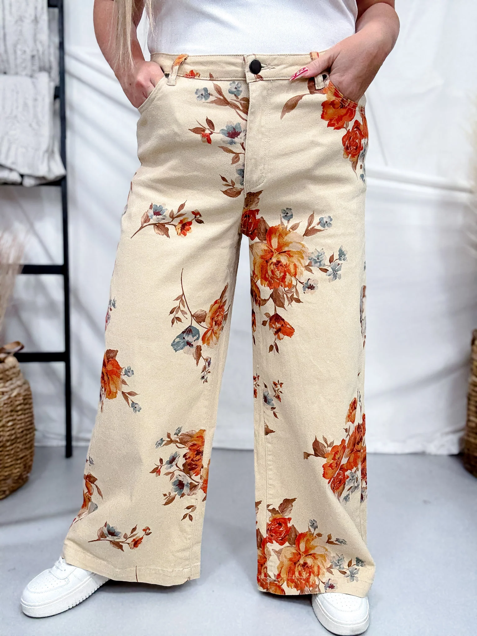 Rust Floral Print High Waist Wide Leg Khaki Pants FINAL SALE - Image 3