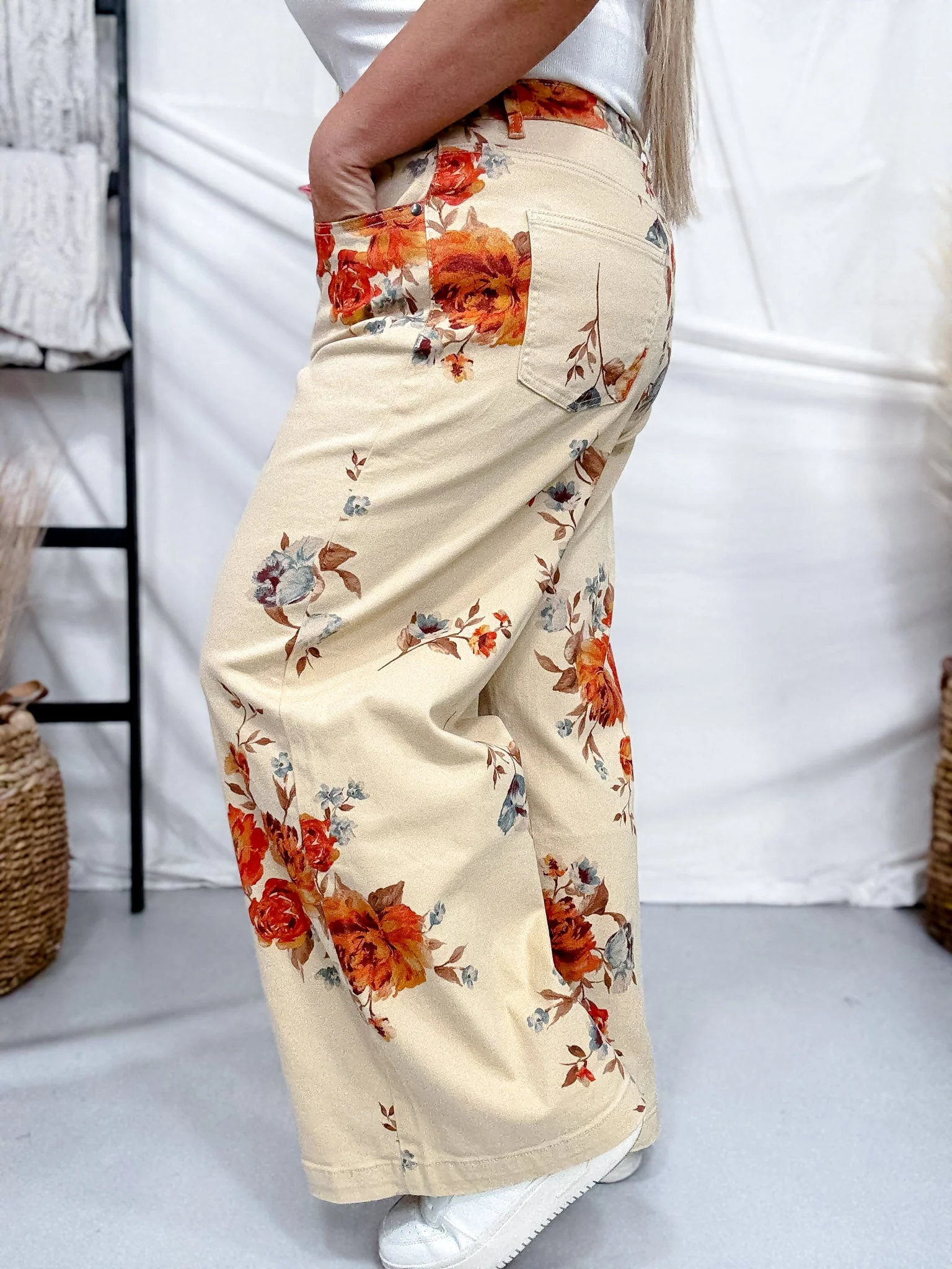 Rust Floral Print High Waist Wide Leg Khaki Pants FINAL SALE - Image 4