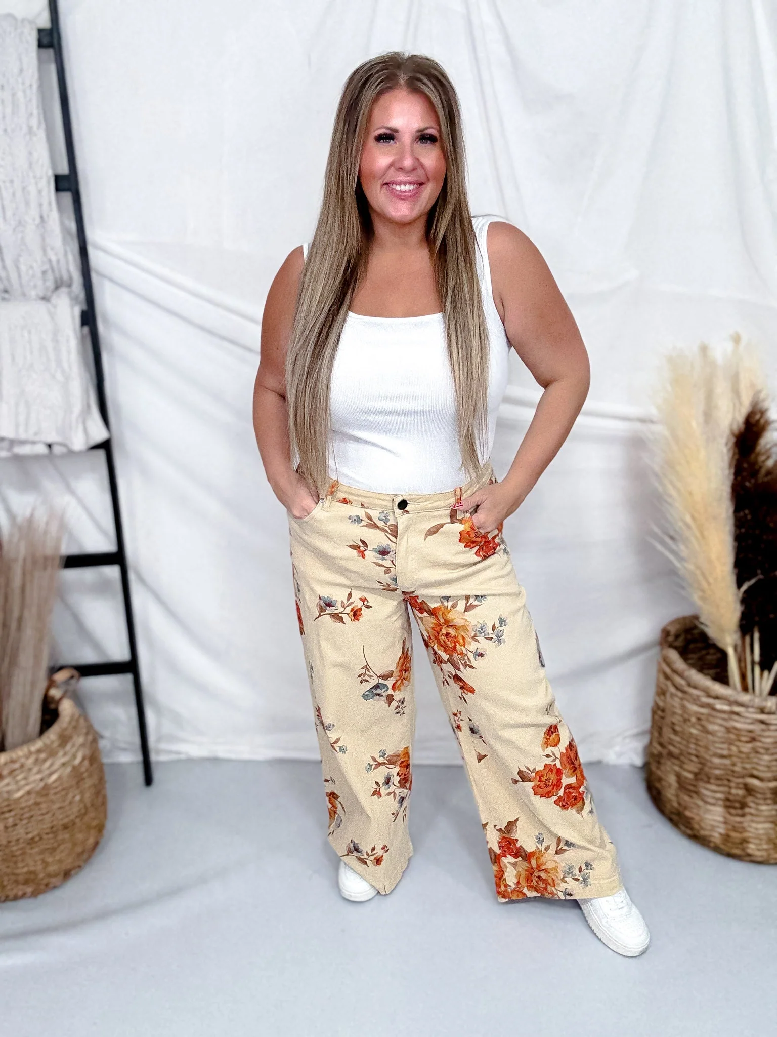 Rust Floral Print High Waist Wide Leg Khaki Pants FINAL SALE - Image 6