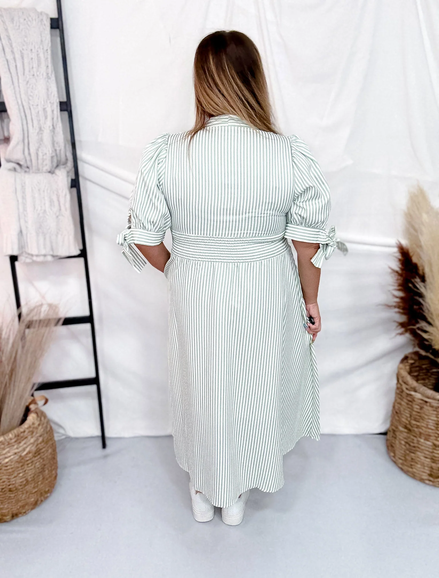 Sage and Cream Striped Textured Dress With Smocked Waist FINAL SALE - Image 5