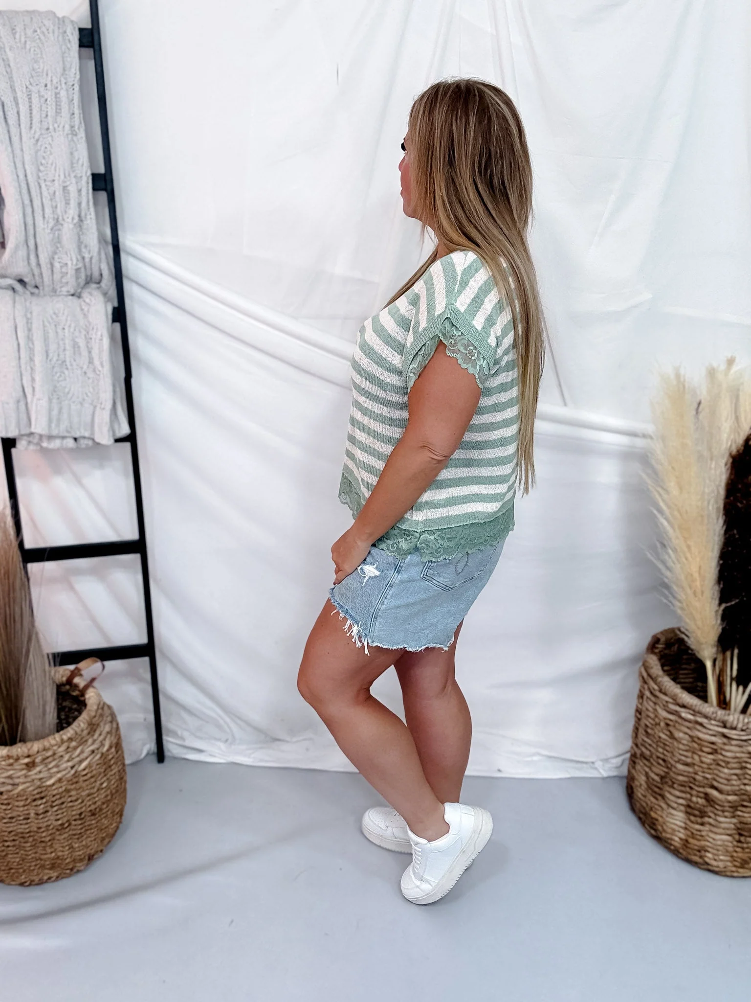Sage & Cream Striped Knit Short Sleeve Top With Lace Trim - Image 6