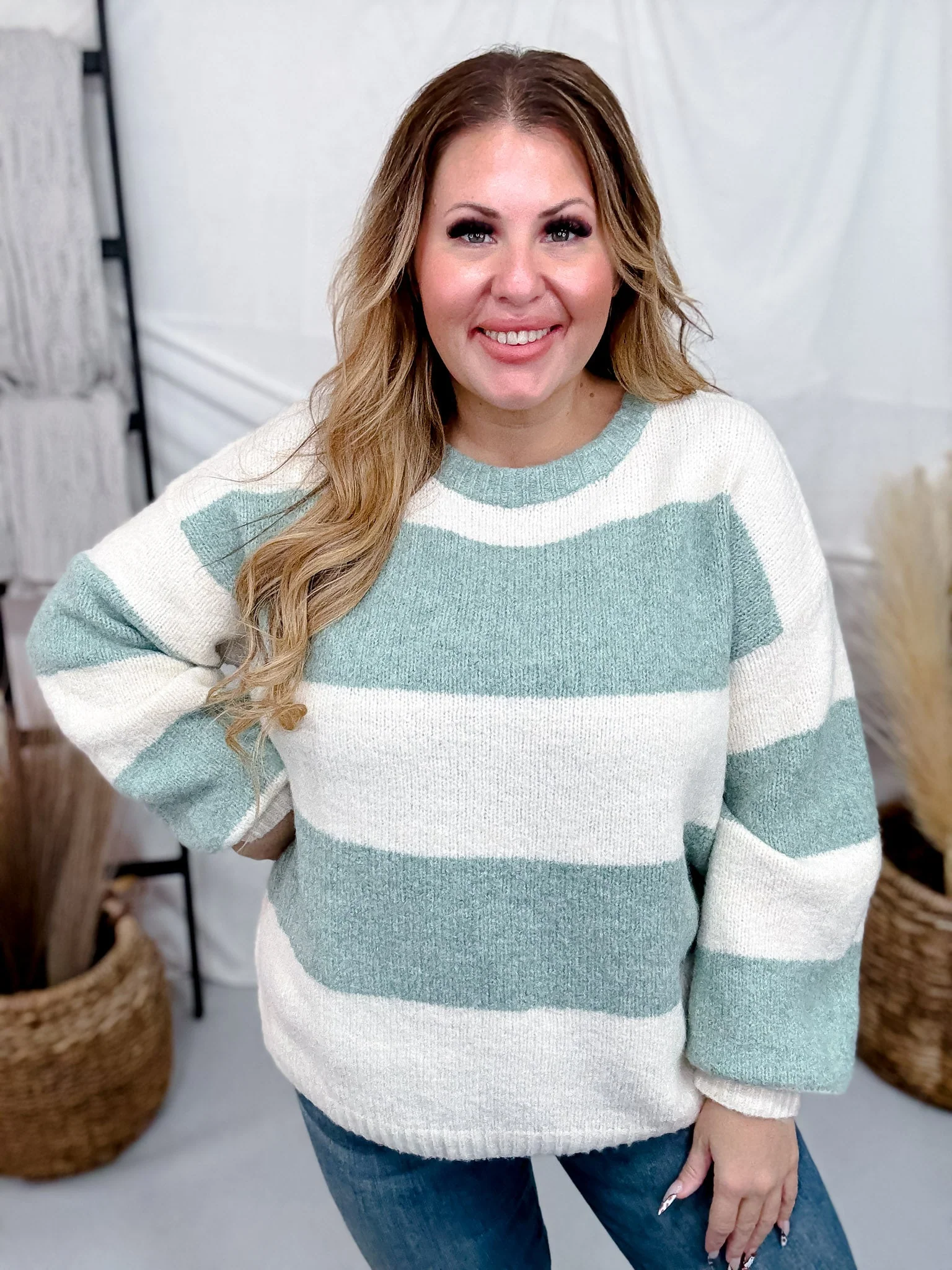 Sage & Cream Striped Soft Knit Long Sleeve Sweater FINAL SALE