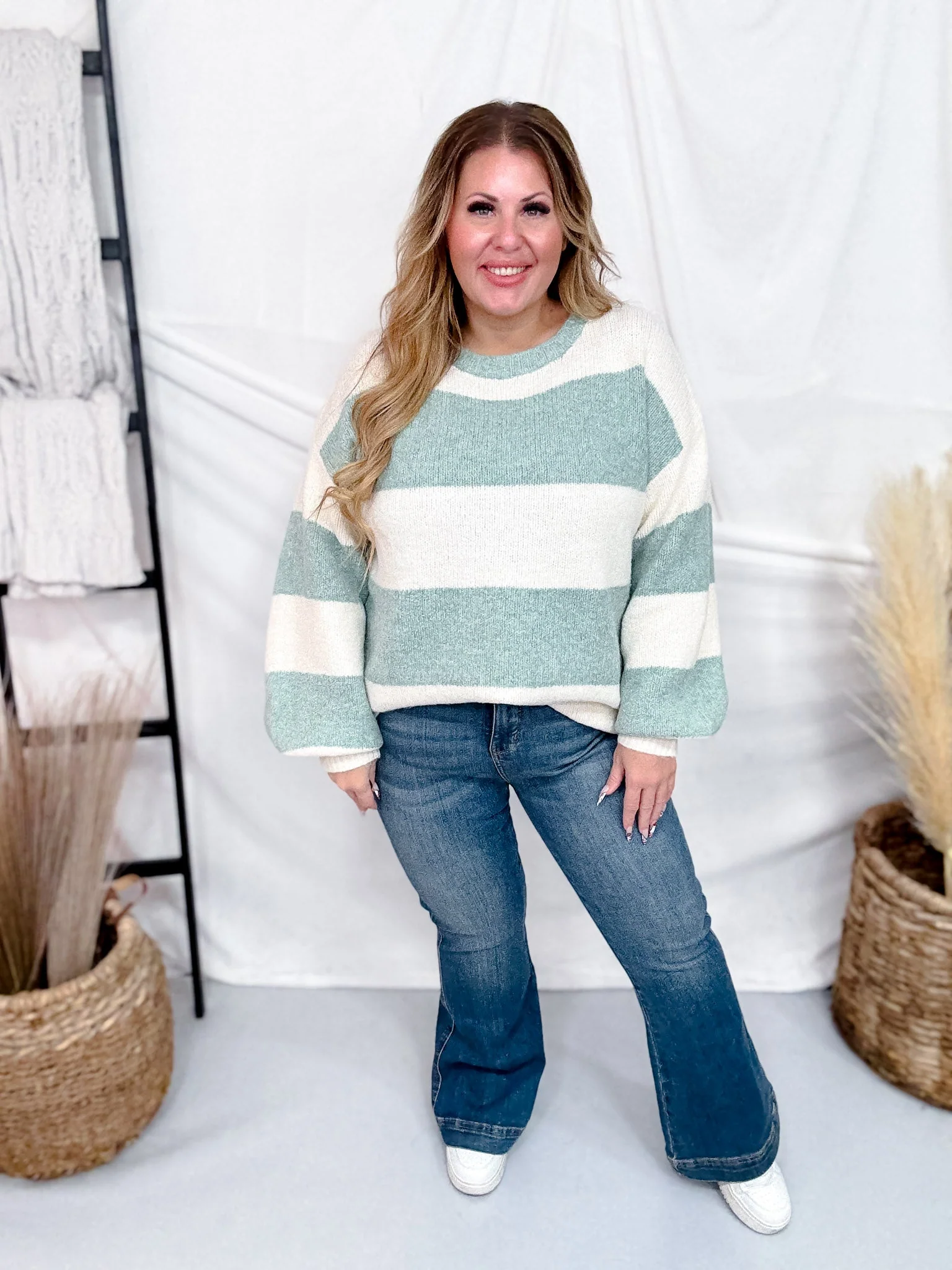 Sage & Cream Striped Soft Knit Long Sleeve Sweater FINAL SALE - Image 2