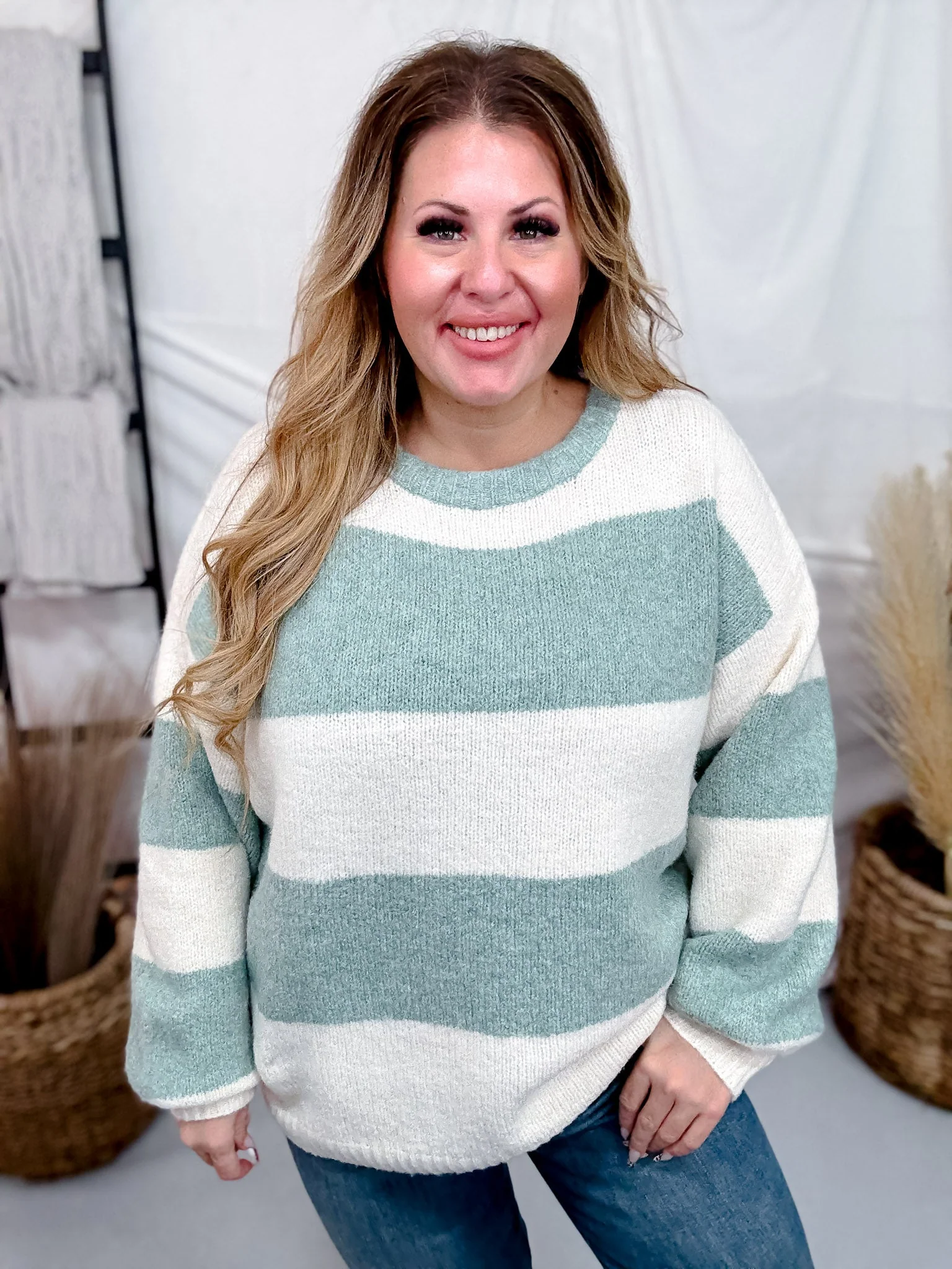 Sage & Cream Striped Soft Knit Long Sleeve Sweater FINAL SALE - Image 3