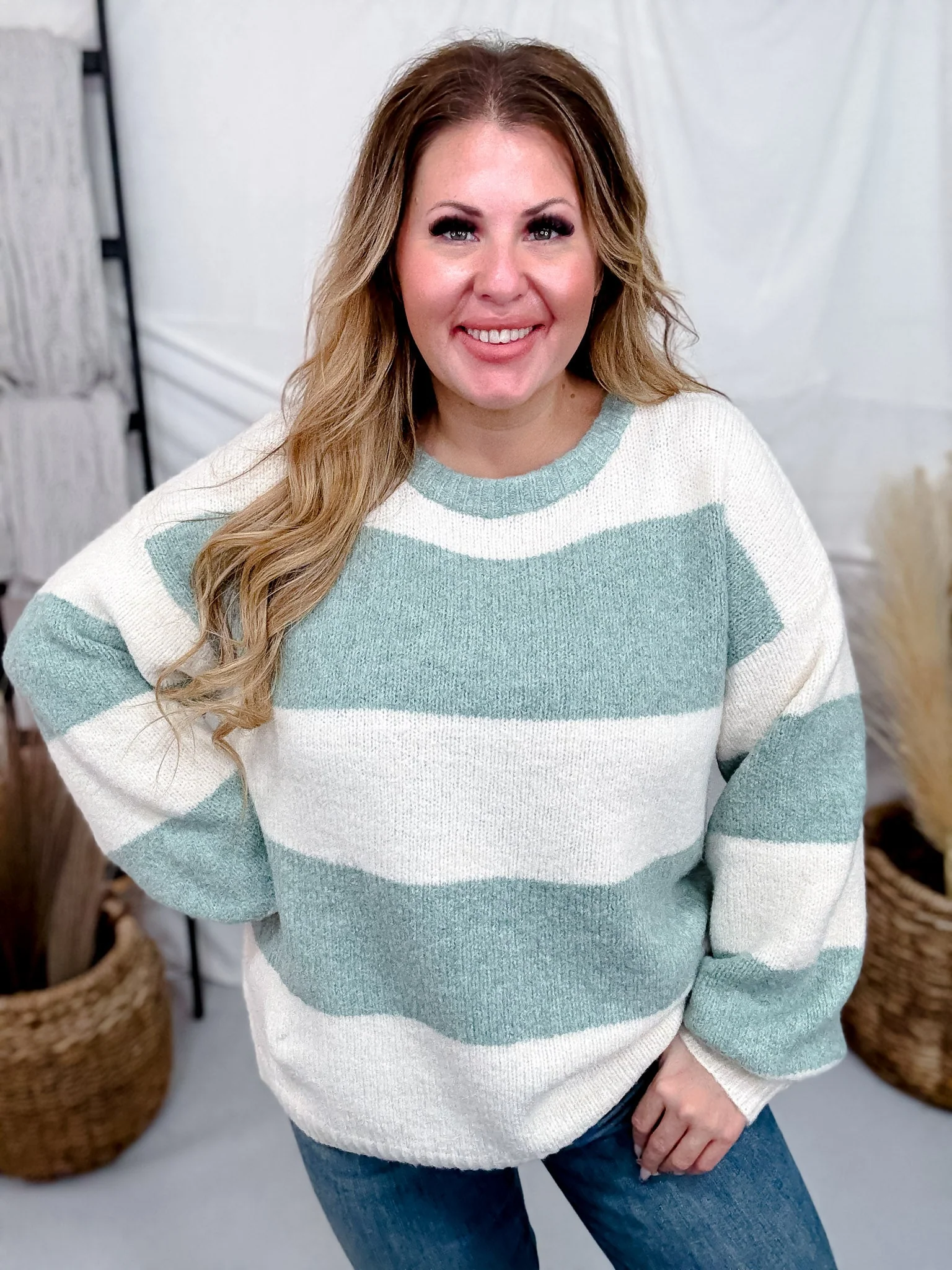 Sage & Cream Striped Soft Knit Long Sleeve Sweater FINAL SALE - Image 5