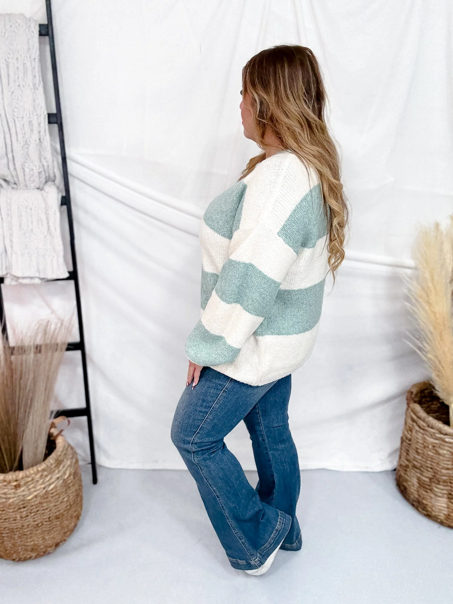 Sage & Cream Striped Soft Knit Long Sleeve Sweater FINAL SALE - Image 6
