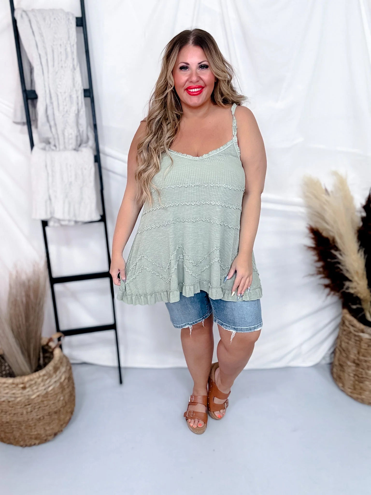 Sage Green Ribbed Tank Top with Embroidered Floral Details FINAL SALE - Image 2