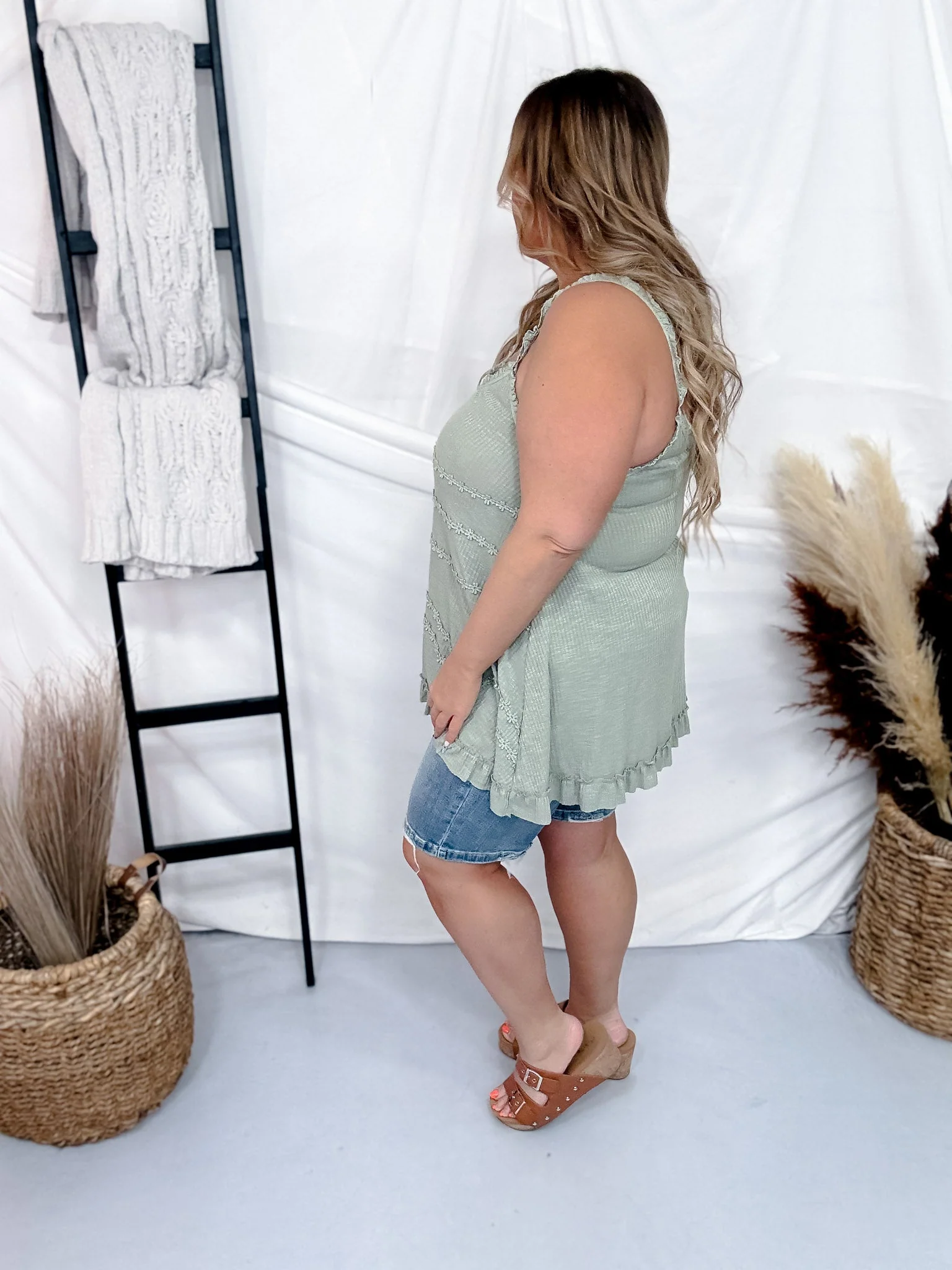 Sage Green Ribbed Tank Top with Embroidered Floral Details FINAL SALE - Image 4
